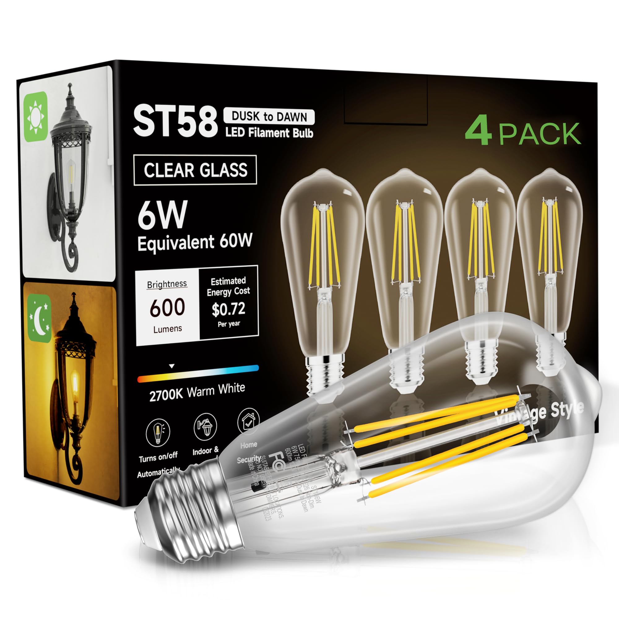 Dusk To Dawn Light Bulbs Led Edison, 60W Equivalent Outdoor Lighting, Soft White 2700K, E26 Base, Light Sensing, St58 Vintage Style, 600Lm, Extra Bright Automatic Bulb For Porch Patio Garage, 4 Pack