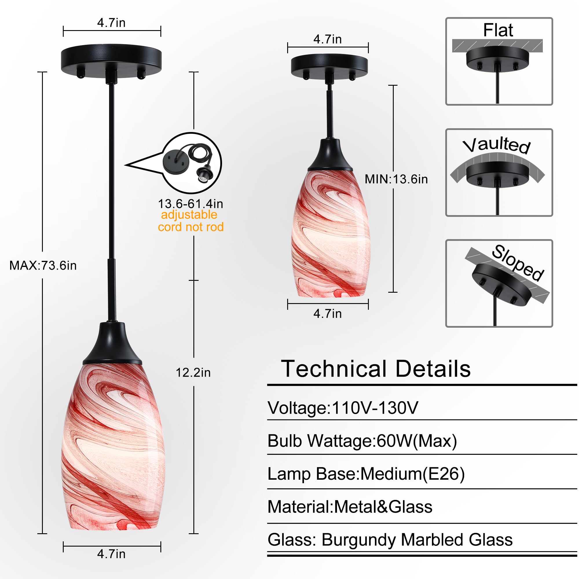Viinew Mini Glass Pendant Light 1-Pack With Handblown Art Burgundy Marble Glass Hanging Light Oval Ceiling Light Fixture For Din
