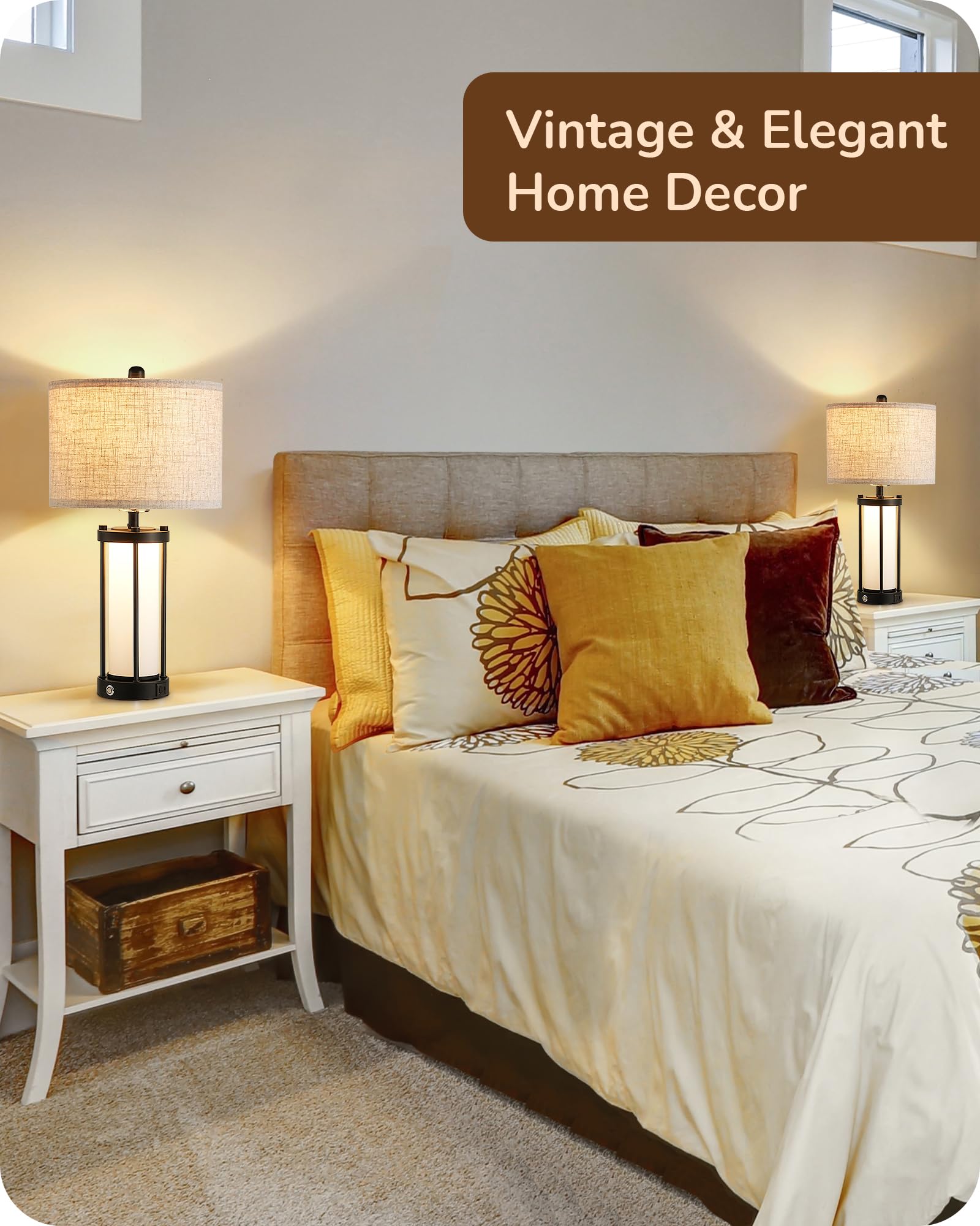 EDISHINE 22.44 Farmhouse Table Lamps with Night Light, 3 Way Dimmable Touch Control Bedside Lamp Set of 2, Rustic Nightstand Lam