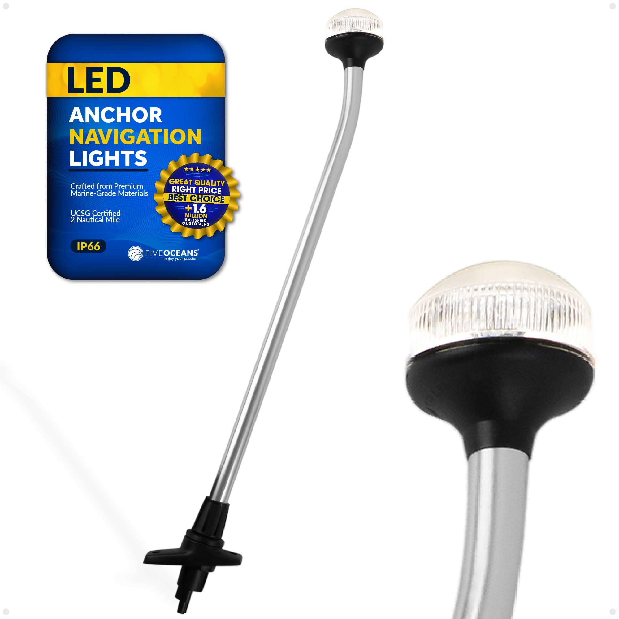 Five Oceans 24-Inch Anchor Light, 2NM USCG Approved, Fixed LED, 12V DC, Stern Light for Boats - FO1883, Plug-in Fixed