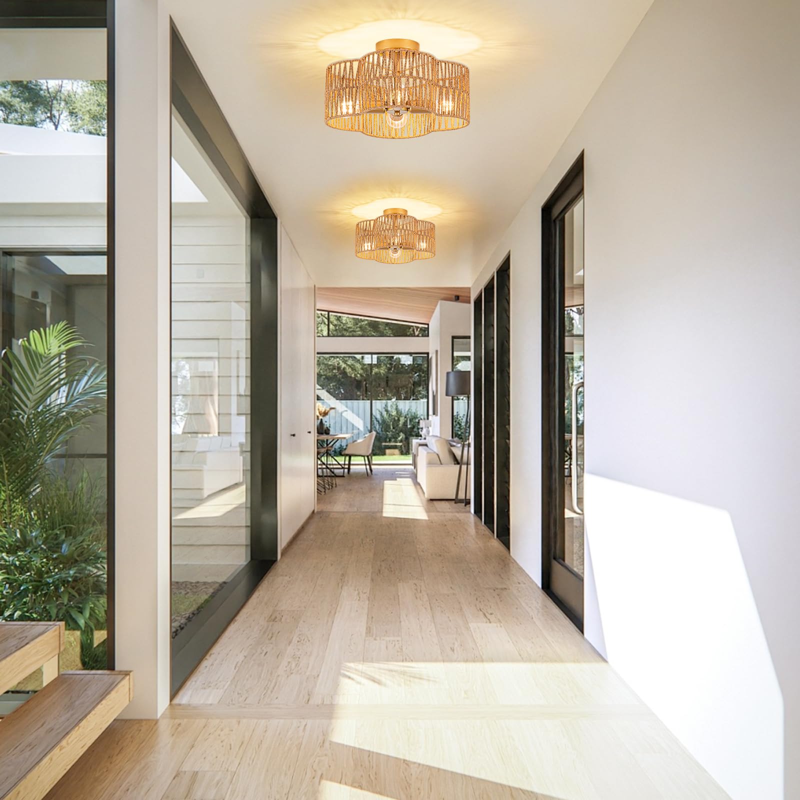 Sytpplan Rattan Light Fixtures Ceiling, 4-Lights Boho Semi Flush Mount Ceiling Light With Hand-Woven Shade, Wicker Light Fixture