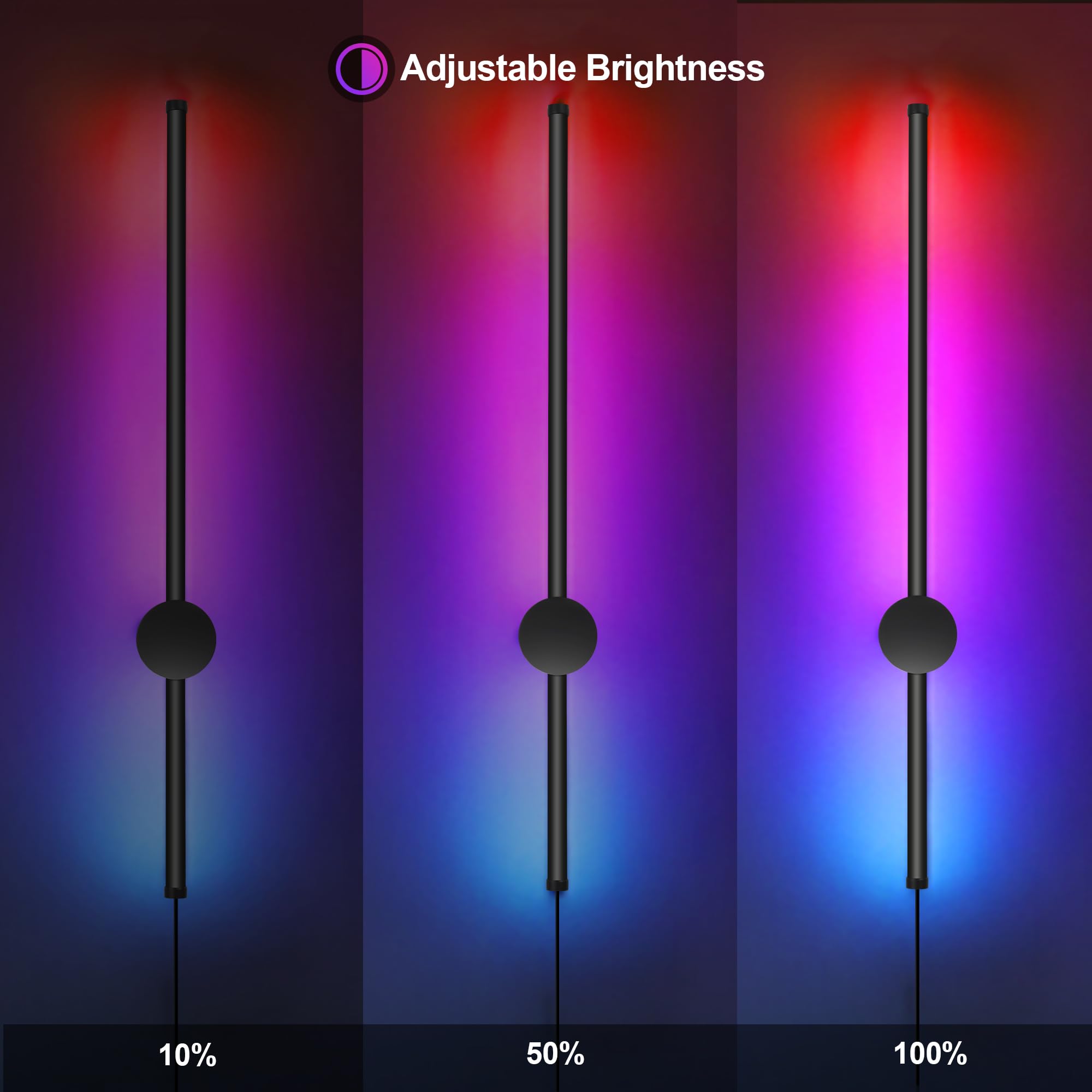 GOODATE RGB LED Wall Sconces Set of 2, 15 Color Modes, Dimming, 23.6 Inches, Black, Model CDG-2PACK, Aluminum Alloy+Silica