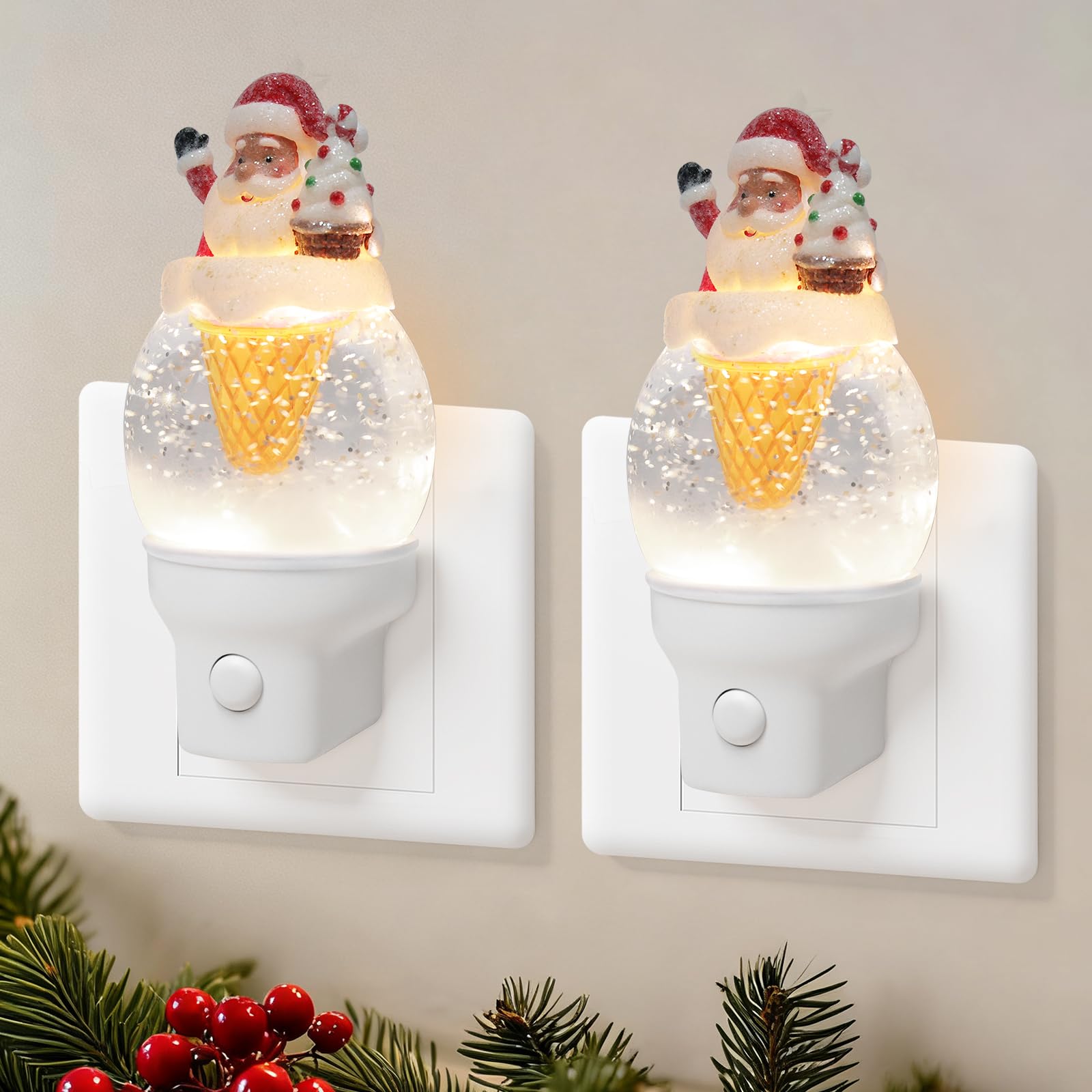 2 Pack Christmas Santa Night Light Plug into Wall Glitter Water Nightlight with USB/Outlet Options  Christmas Decorative Nightlight for Bedroom Kitchen Holiday Decorations Gifts (Santa Ice Cream)