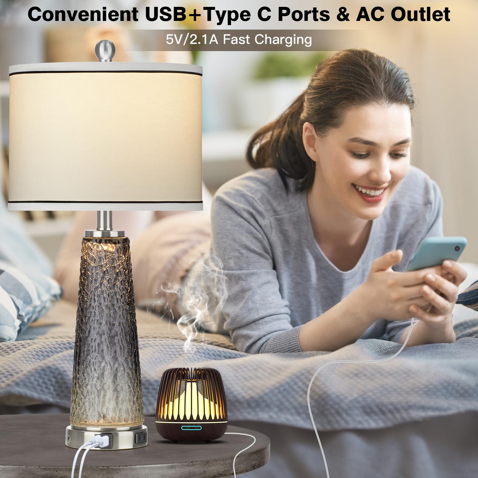 Lolikit Glass Table Lamp Set of 2, 26" Modern Touch Control with USB Ports, Black, Well-made Fabric, 4 Bulbs Included