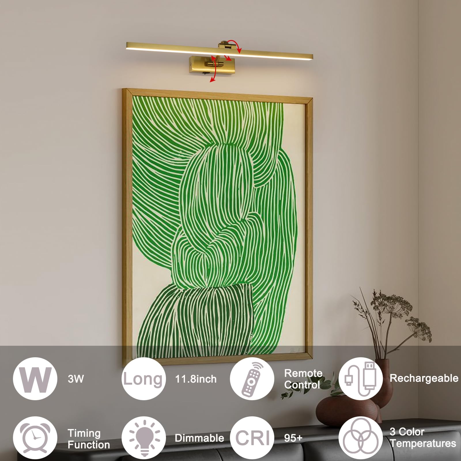 BRIVOLART Wireless Picture Lights, Battery Operated Brass, Dimmable, 23.6 Inch, Model 6290