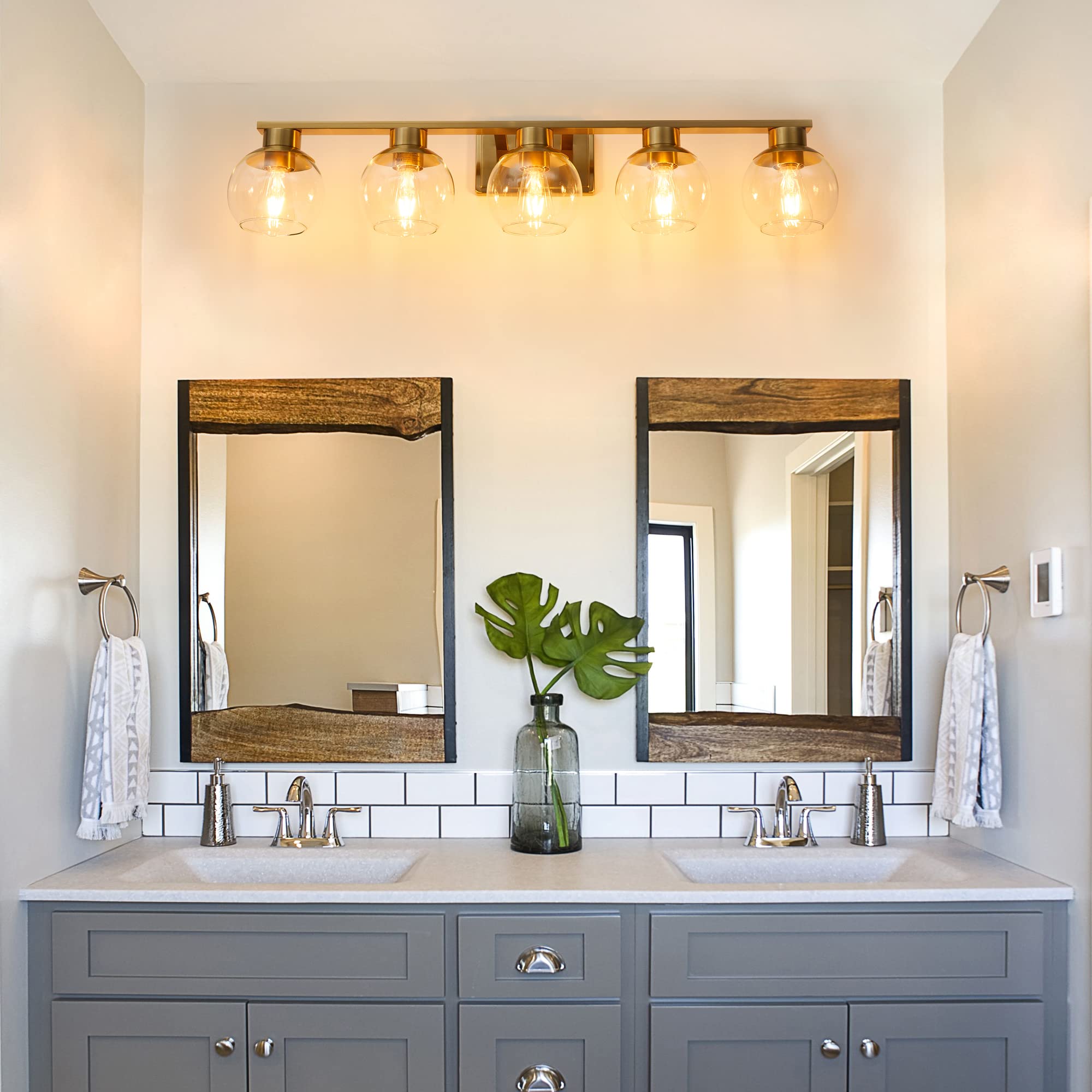 PAZALA 5 Light Bathroom Vanity Light Fixture Over Mirror 37 in Globe Glass Shade Brushed Brass 1698-5-JS