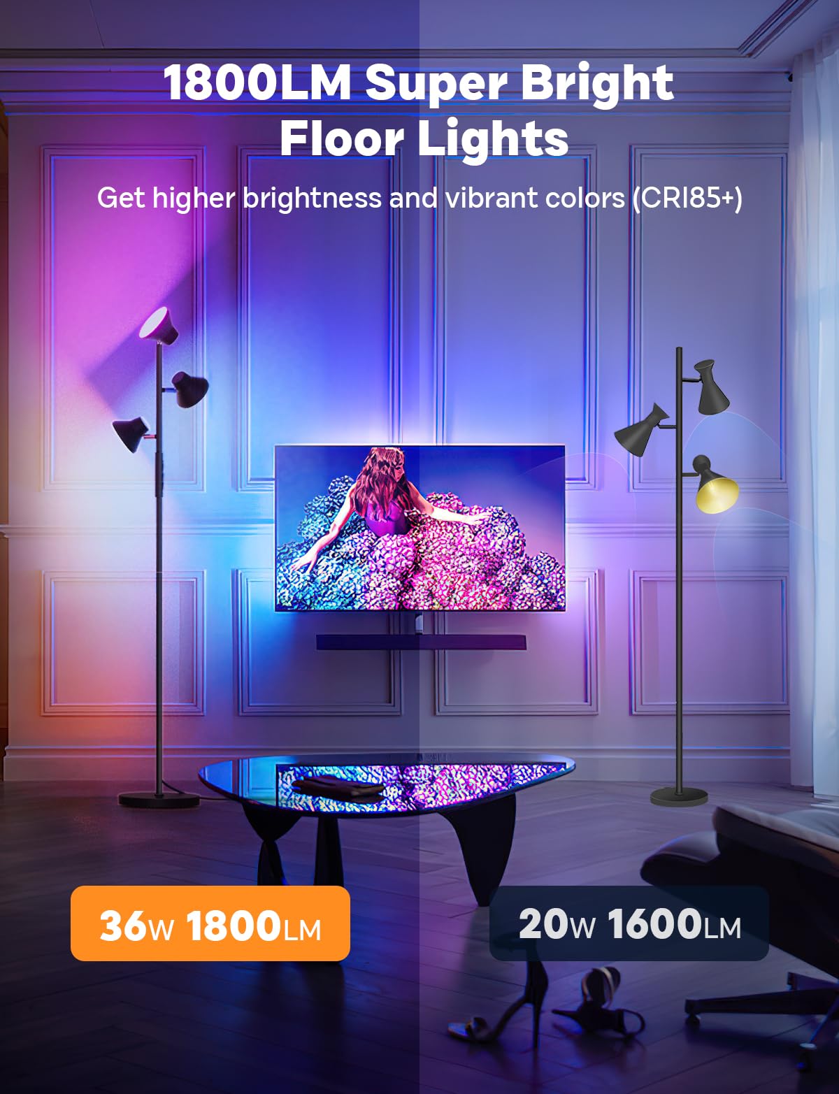 SIBRILLE RGBCW Floor Lamp - 36W Color Changing, Dimmable LED, Remote & Touch Control, Black, Model FLH-036-R2