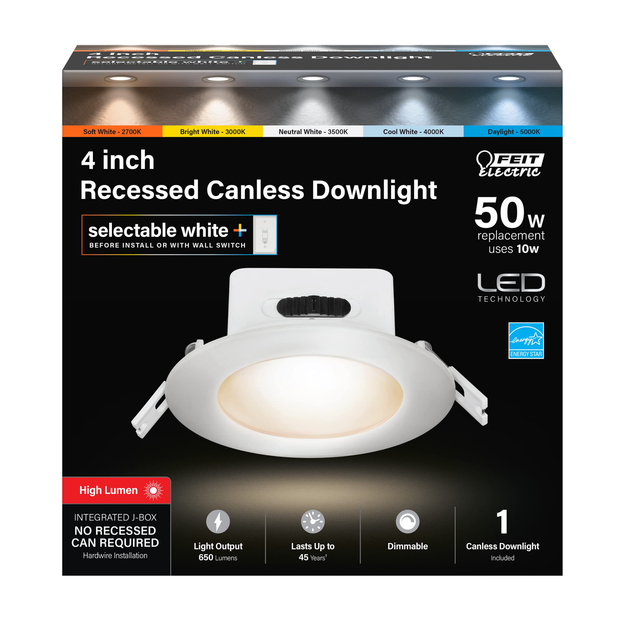 Feit Electric 4'' Led Canless Recessed Downlights With Integrated Jbox, 50W Equivalent, Dimmable,5Cct Selectable White, 90 Cri,
