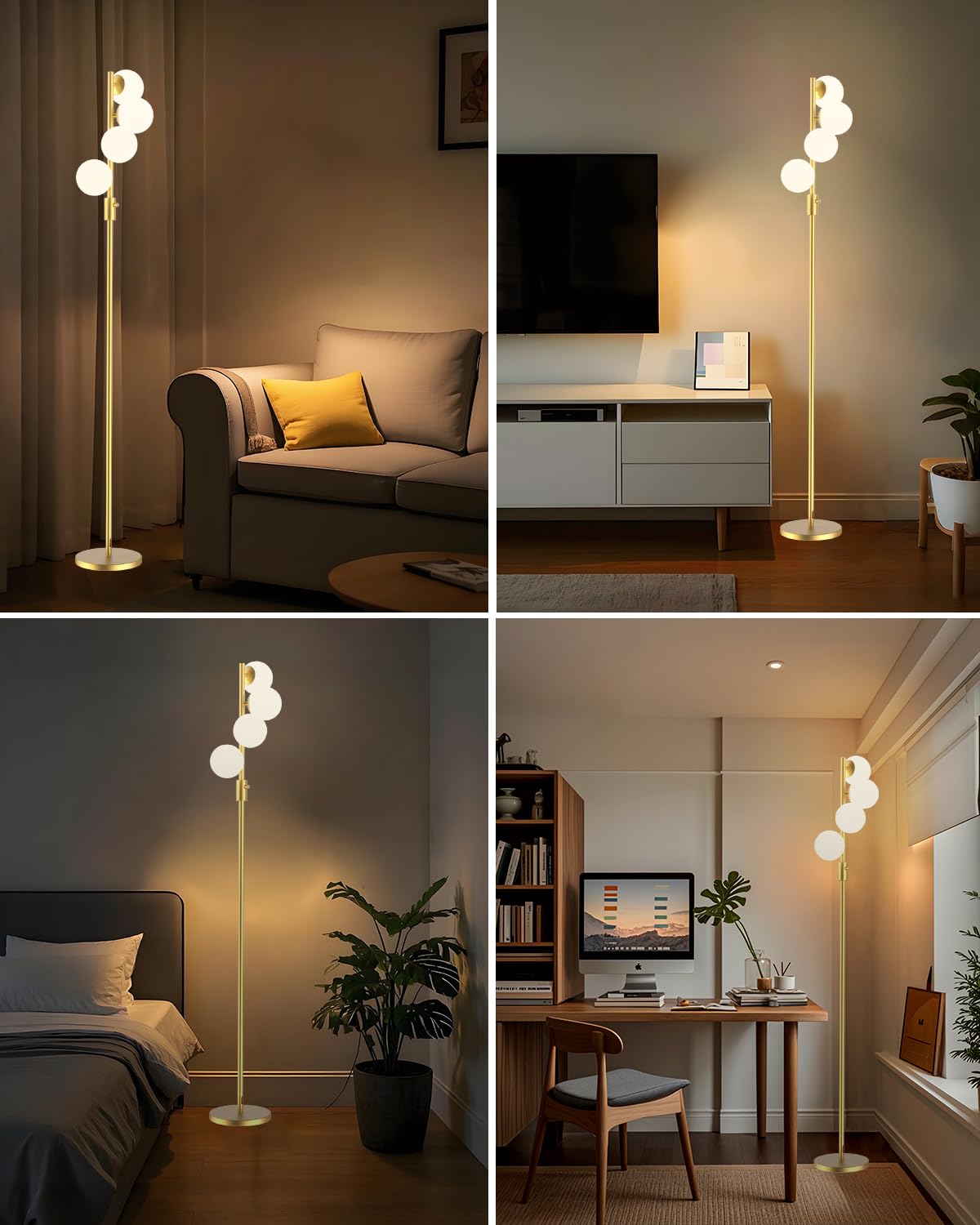 Acohook 64In Dimmable Gold Floor Lamp, Tall Standing Lamps With 4 Globe Soft Warm White Eye Care 3000K G9 Bulbs, Mid Century Mod