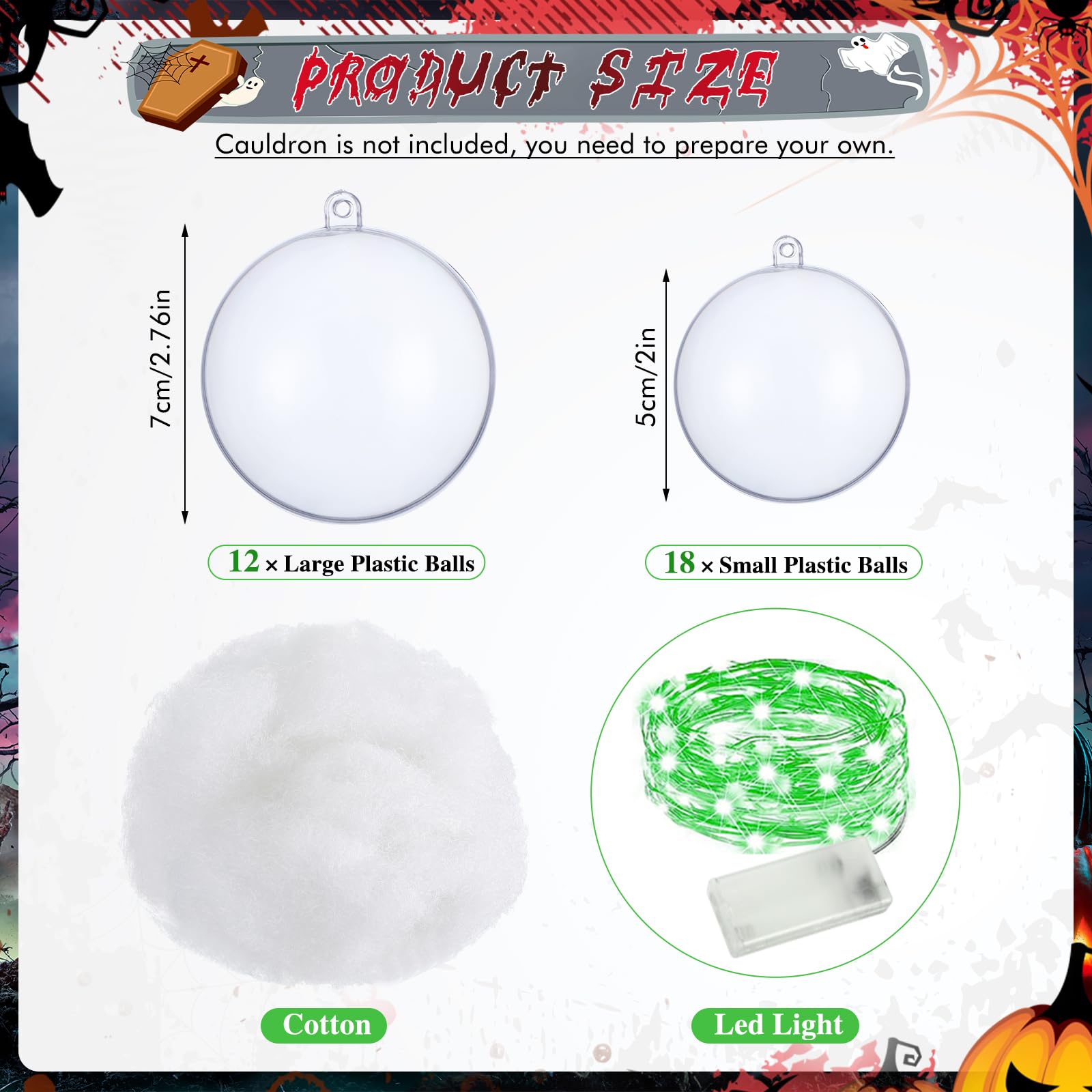 Wenqik Halloween Bubble Cauldron DIY Set, 33 Pcs with 30 Clear Plastic Balls, Green, Model SIX-Wenqik-39