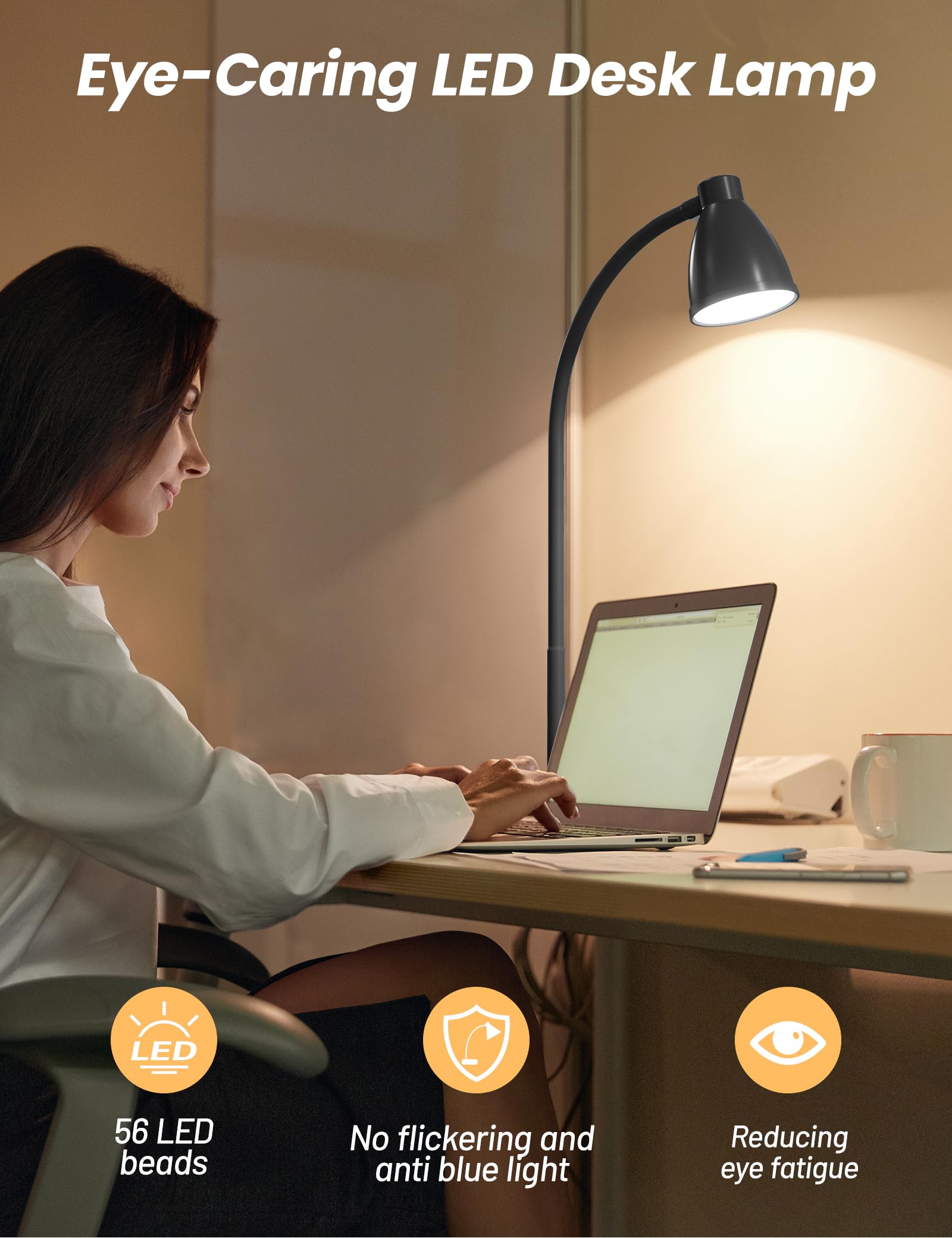 BOHON LED Desk Lamp with USB Charging, 3 Color Modes, Dimmable, Matt Black, Flexible Gooseneck for Bedside & Office