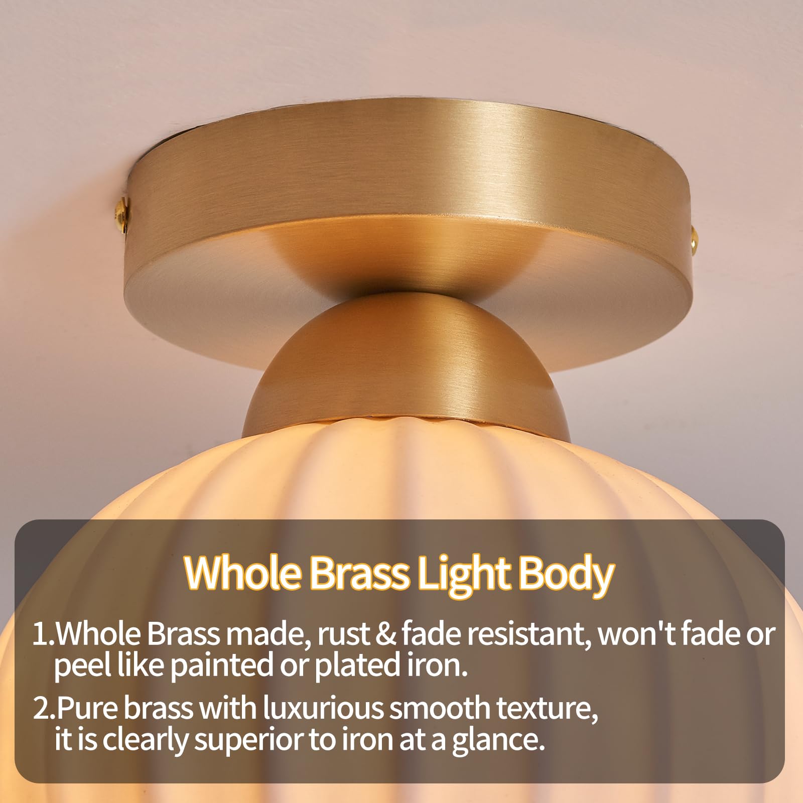 2 Pack Ceramic Brass Semi Flush Mount Ceiling Light Fixtures Modern Hallway Light Fixtures Small Gold Flush Mount Ceiling Light