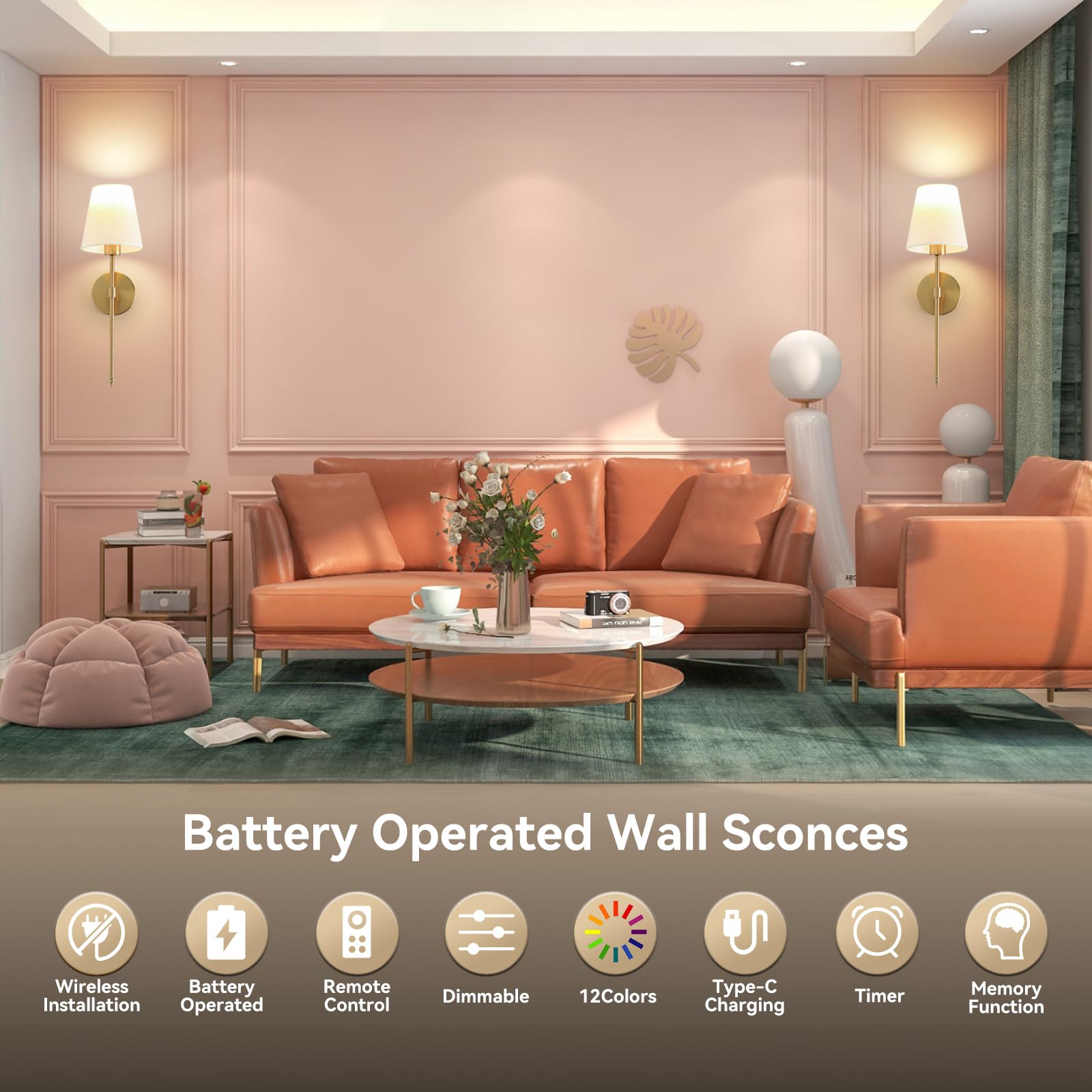 Rizzyluz Battery Operated Wall Sconce Set of 2, Gold, Dimmable, Metal, Model MB-DC16-2 GD, Rechargeable with Remote Control