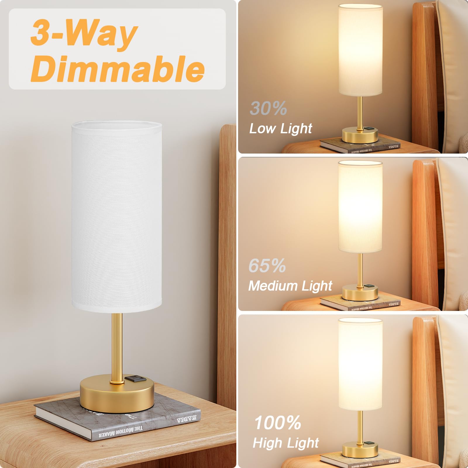 Bedside Touch Table Lamps For Bedroom Nightstand With Usb-C Usb-A Charging Ports, 3 Way Dimmable, White & Gold Small Lamp For Of