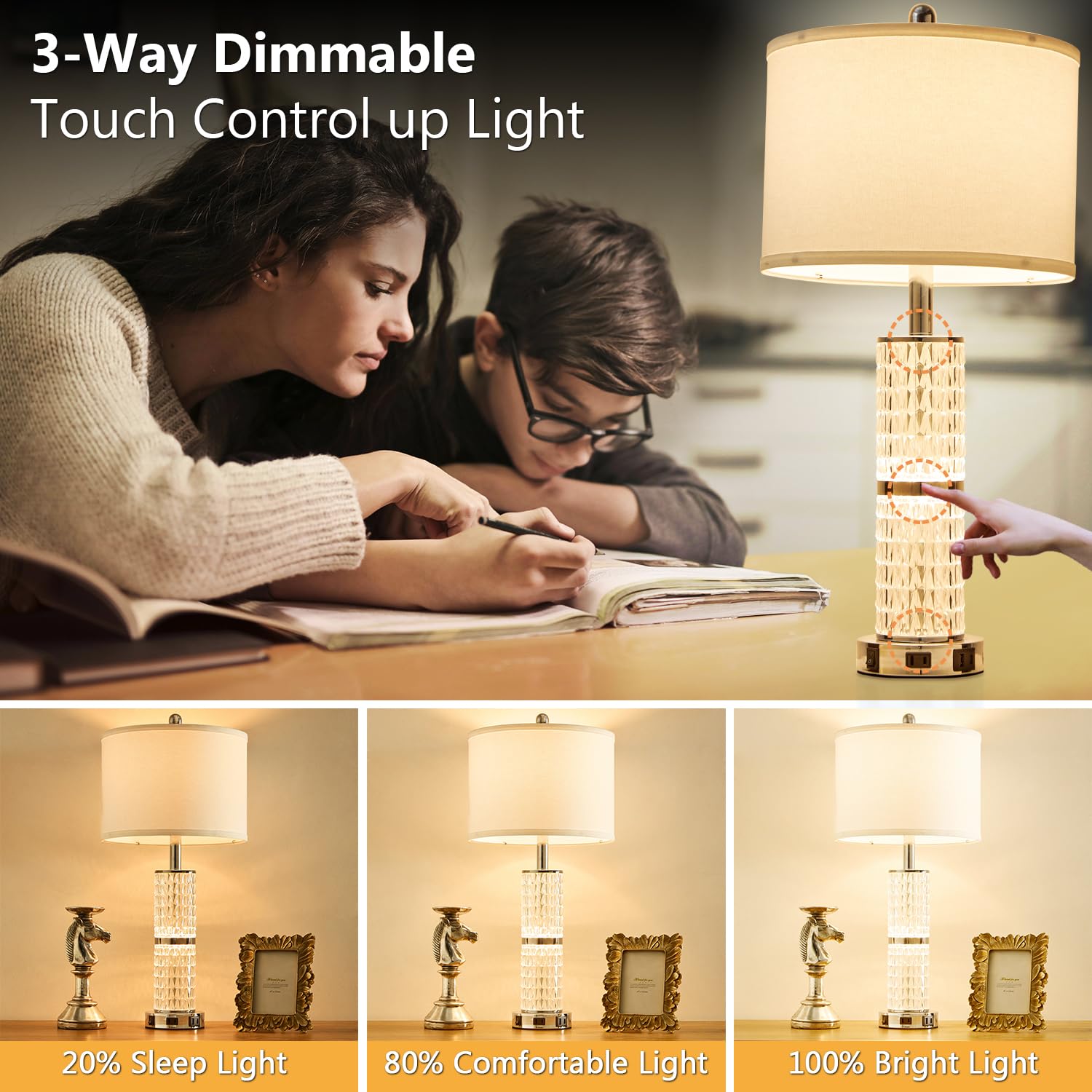 SAIWEYA Crystal Table Lamp, Modern 3-Way Dimmable Touch Lamp with USB Ports, 27" Silver, for Bedroom & Living Room Nightstand