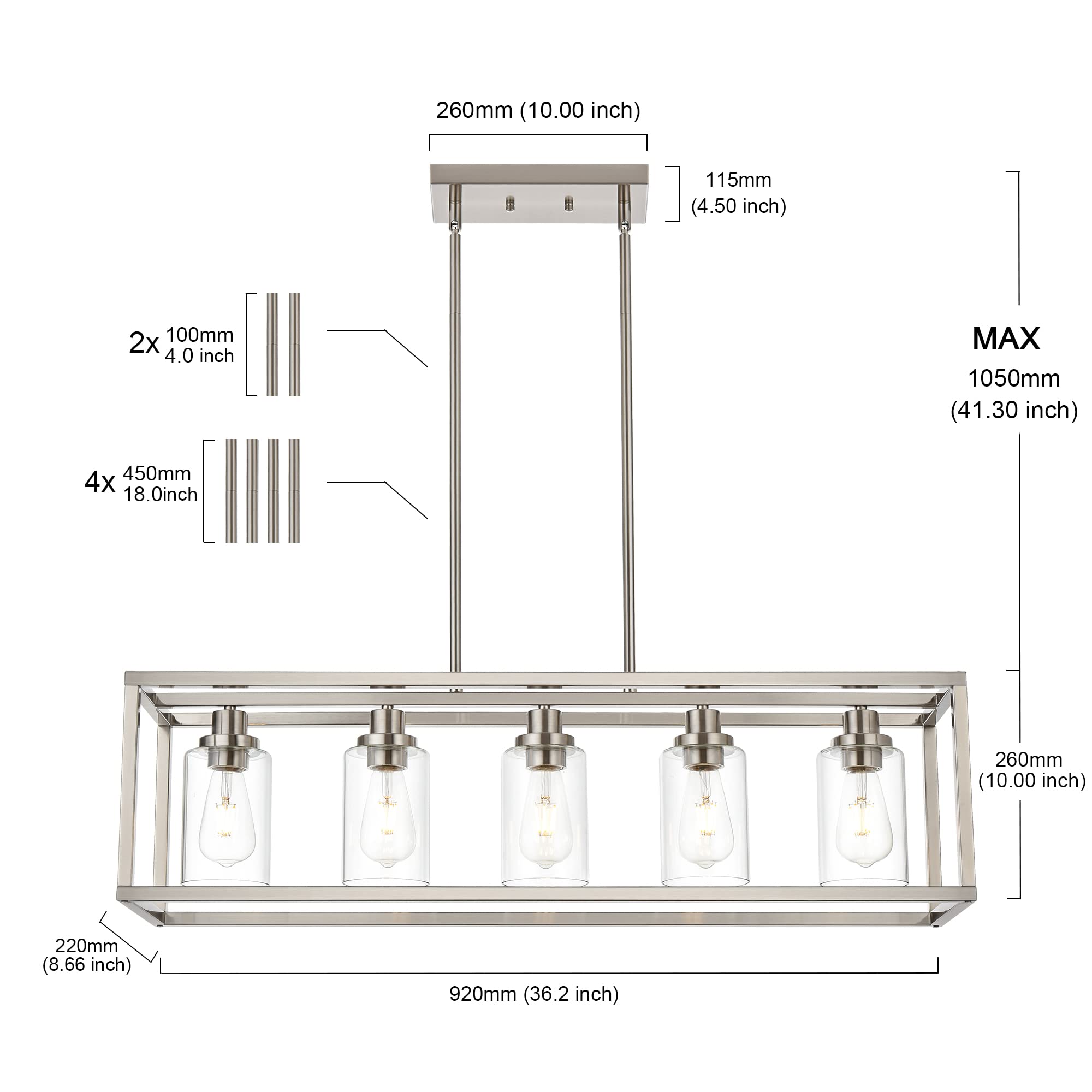 MELUCEE 5-Light Pendant Lighting Fixture, Brushed Nickel, Metal, 36.2 inches, Modern Chandelier for Dining Room, Kitchen, Living Room