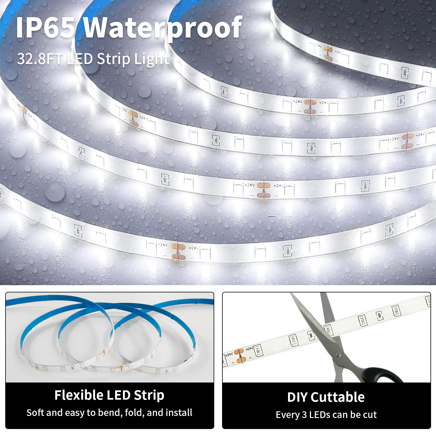 Inextstation 32.8Ft/10M White Led Strip Light, 24V 2835 Smd 600 Leds Flexible Cuttable Waterproof Led Tape Light For Bedroom Kit