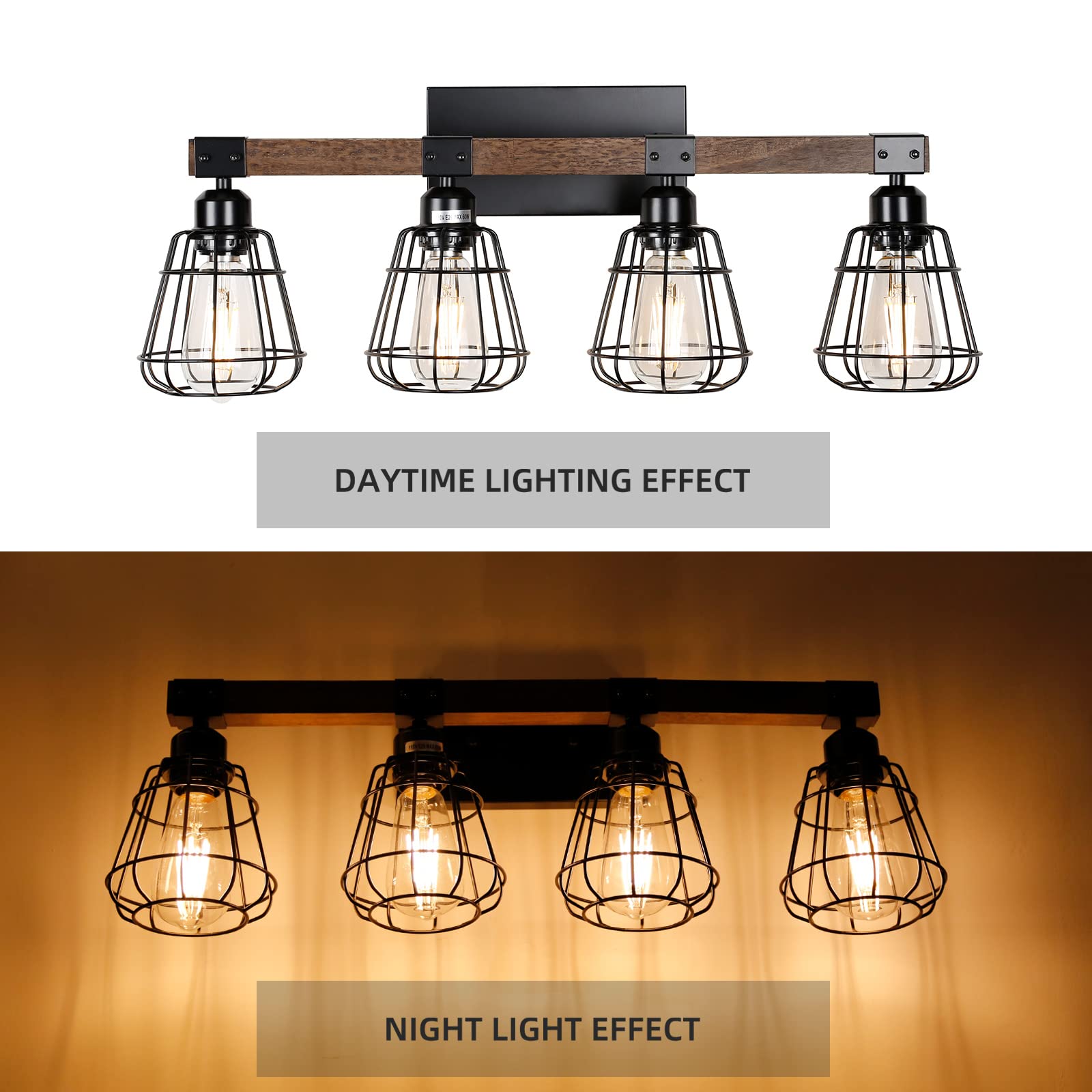 Telafly Bathroom Vanity Light Fixture,Rustic 4-Light Wood Wall Light,Industrial Bathroom Lighting Fixture Over Mirror,Modern Mat