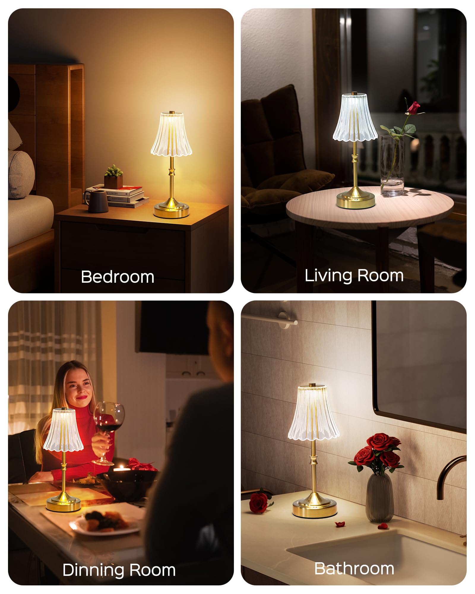 Jackyled Vintage Cordless Table Lamp, Acrylic Crystal Flower Lamp Shade, 3 Colors Dimmable Led Golden Lamp, 5400Mah Battery Oper