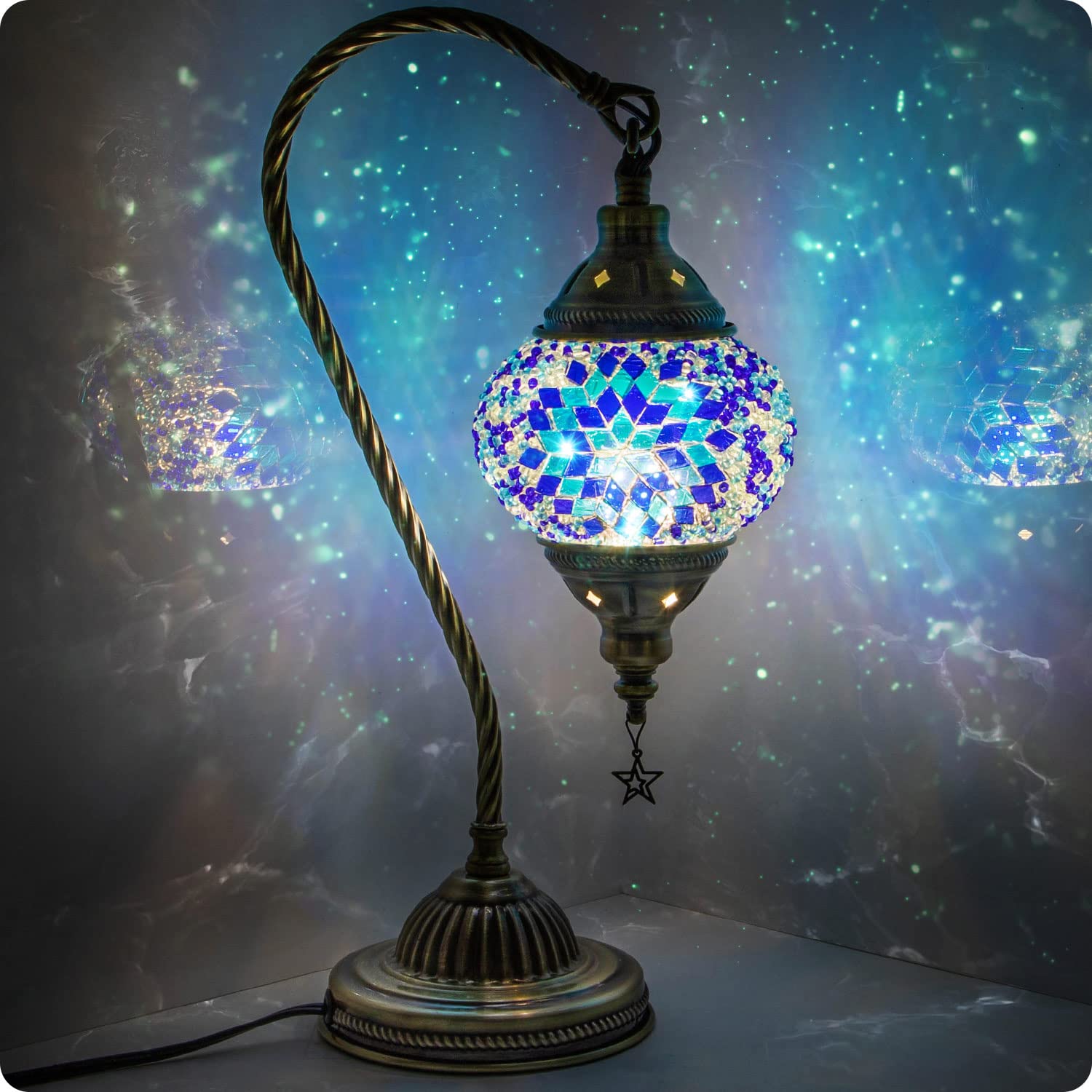 Yarra-Decor Turkish Moroccan Lamp, Handmade Tiffany Mosaic Glass, Bronze Base, Bedside Light, Blue2, LED Bulb Included
