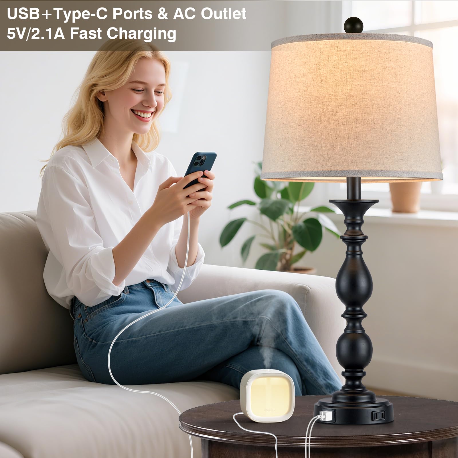 MOUVOVO 28in Tall Modern Table Lamps Set of 2, Metal with USB Ports, 3-Way Touch, Black Farmhouse Nightstand Lighting