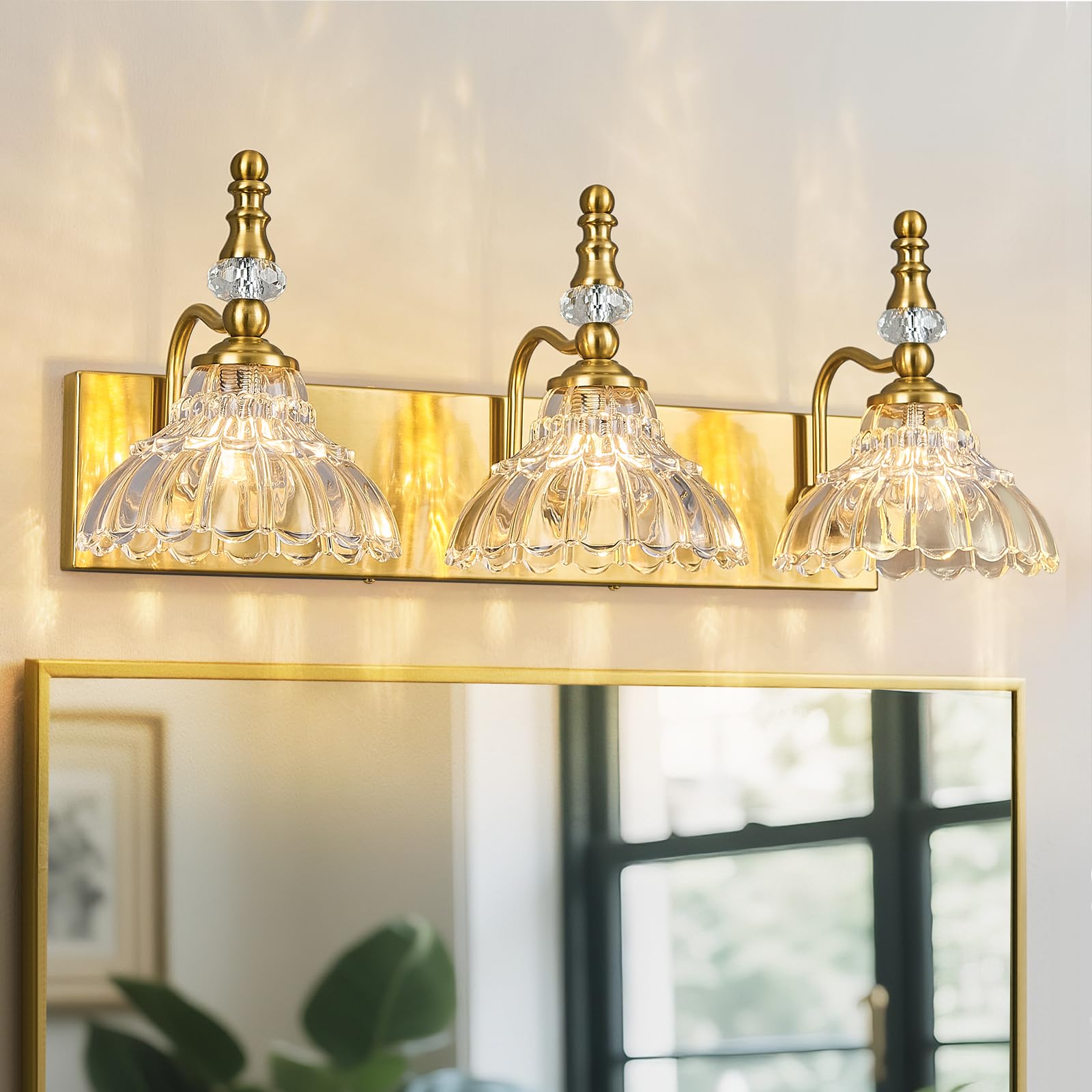 Lbsqj Vintage Bathroom Vanity Light  3-Light Gold Vanity Lighting Fixture With Flower Glass Shade  Bathroom Lighting Fixtures Over Mirror