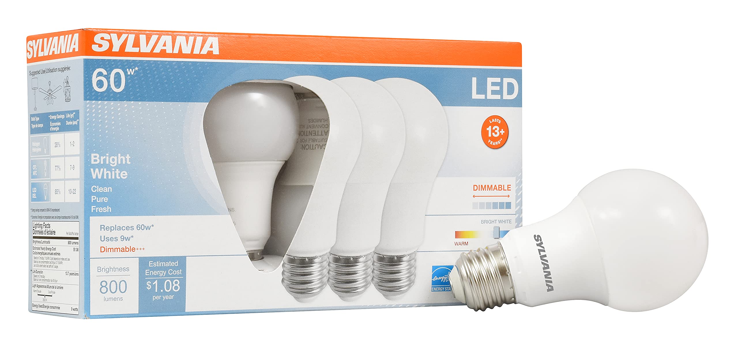 LEDVANCE SYLVANIA LED A19 Light Bulb, 60W Equivalent, Dimmable, 9W, 4 Pack, Bright White