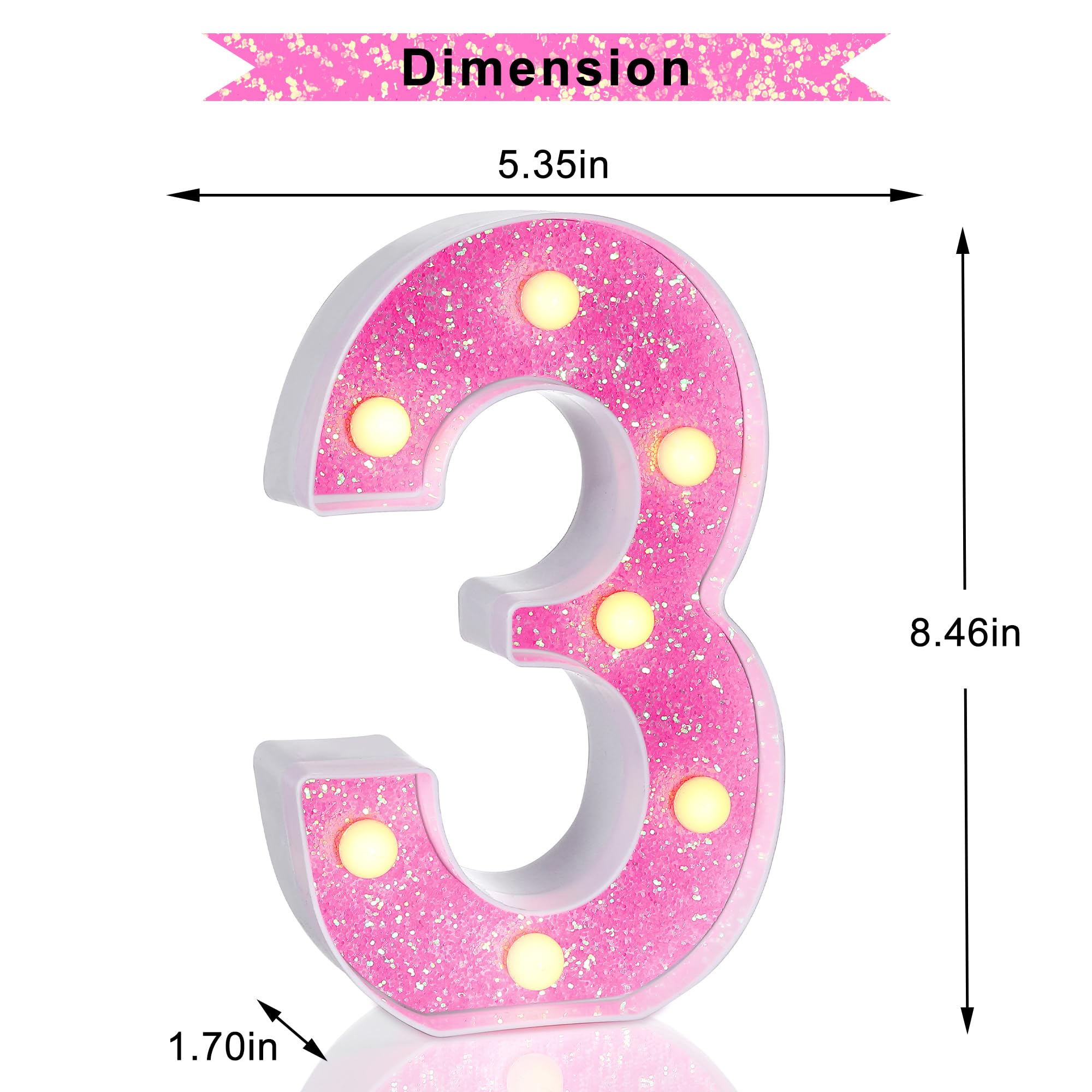 Foaky Led Letter Lights Sign Light Up Pink Letters Sign For Night Light Wedding/Birthday Party Battery Powered Christmas Lamp Girls Gifts, Number 3,30Th 13Th Birthday Decorations (3)