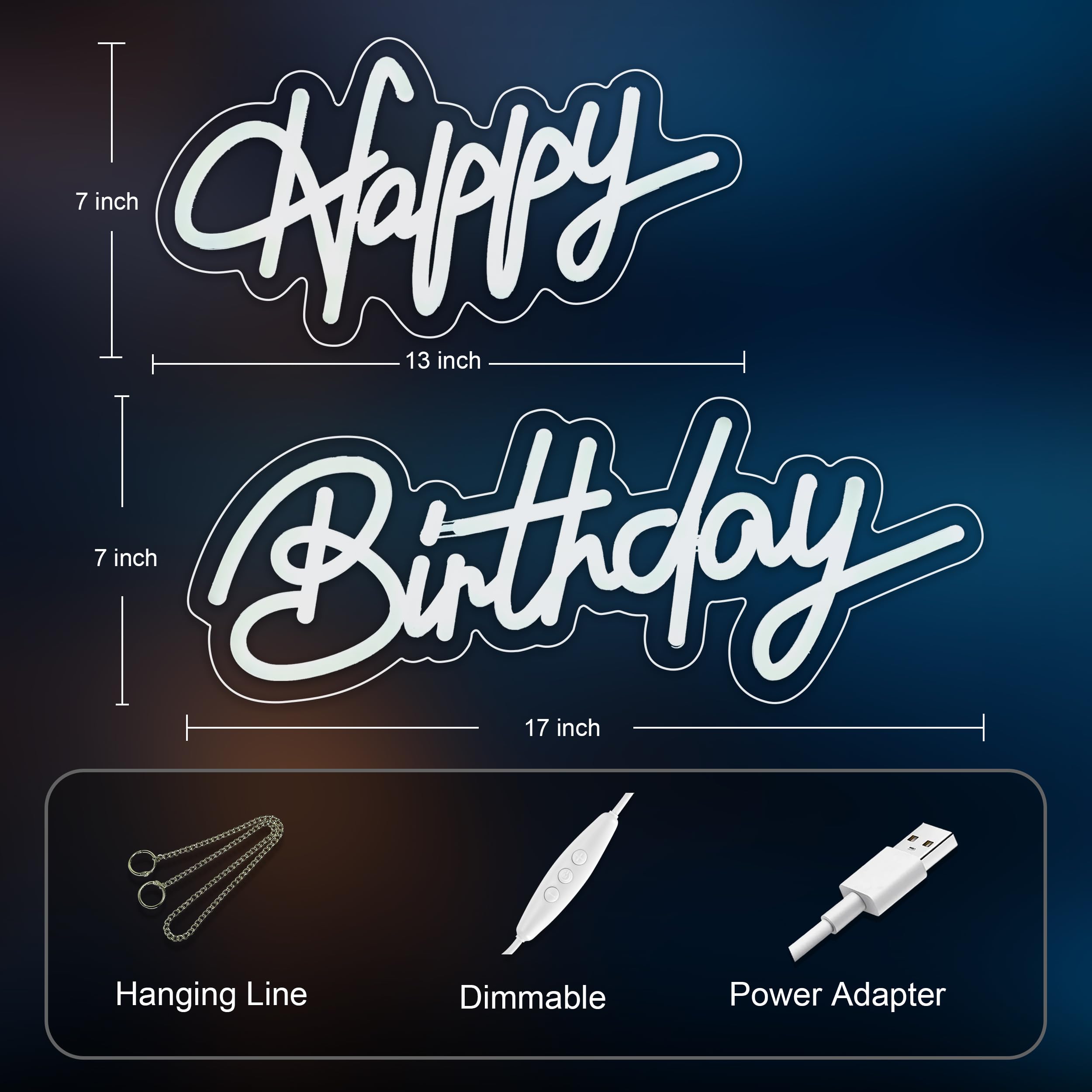 Liuisneo Happy Birthday Neon Sign,Innovative Integral Forming Process,With Dimmable Switch For All Holiday Party And Home Decoration,Total Length 28Inch,White