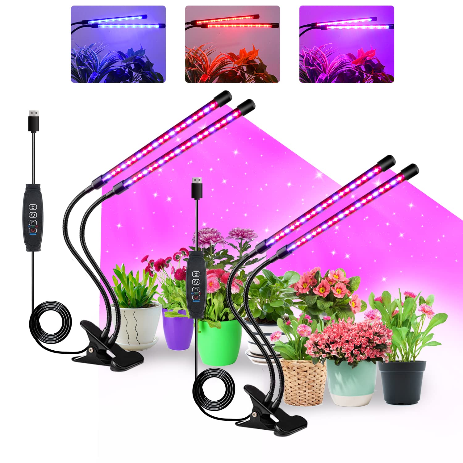 Sdovuerc Grow Lights For Indoor Plants, Full Spectrum Led Plant Lamps With Clips And 3M Cables For Seeding Growing(2 Pack)