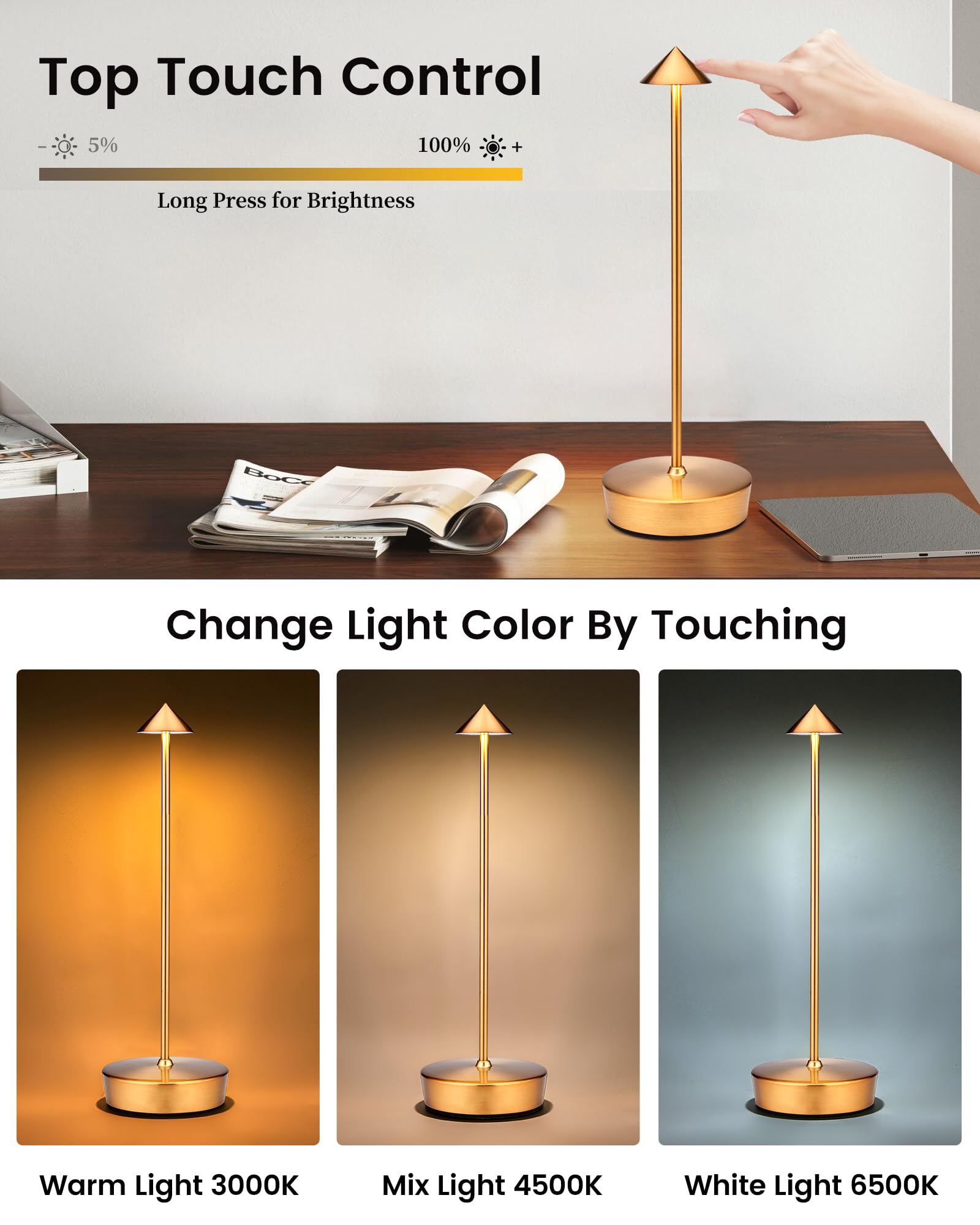 XMINKDZA Cordless LED Table Lamp 2 Pack, Waterproof, 7000mAh Battery, Dimmable, Bronze, Model XDJDSJBBM
