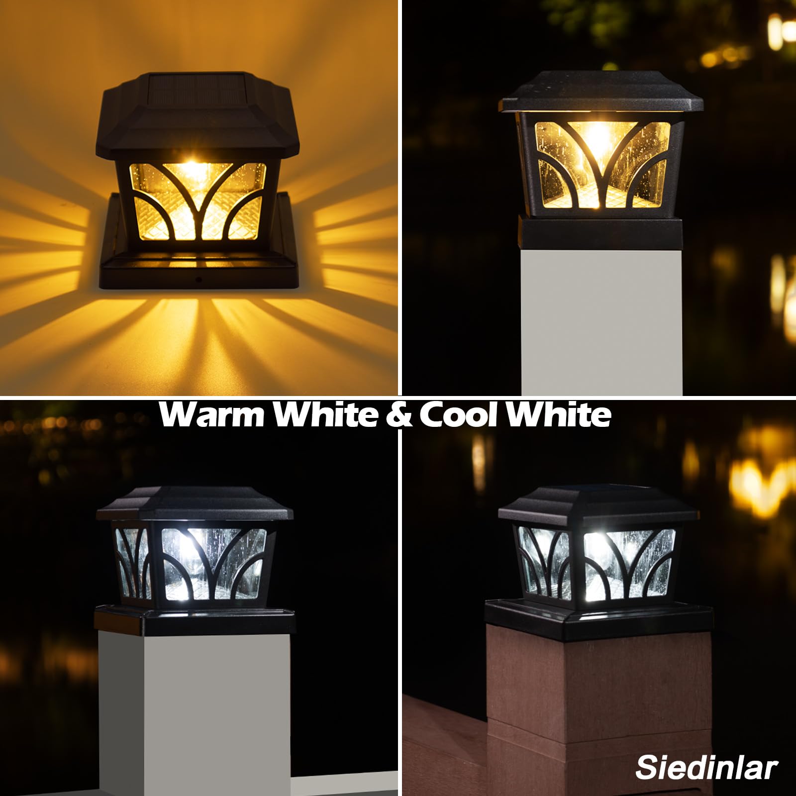 SIEDiNLAR Solar Post Cap Lights, Aluminum Glass, 2 Modes, 6 Pack, Black, Model SD026B-6PK