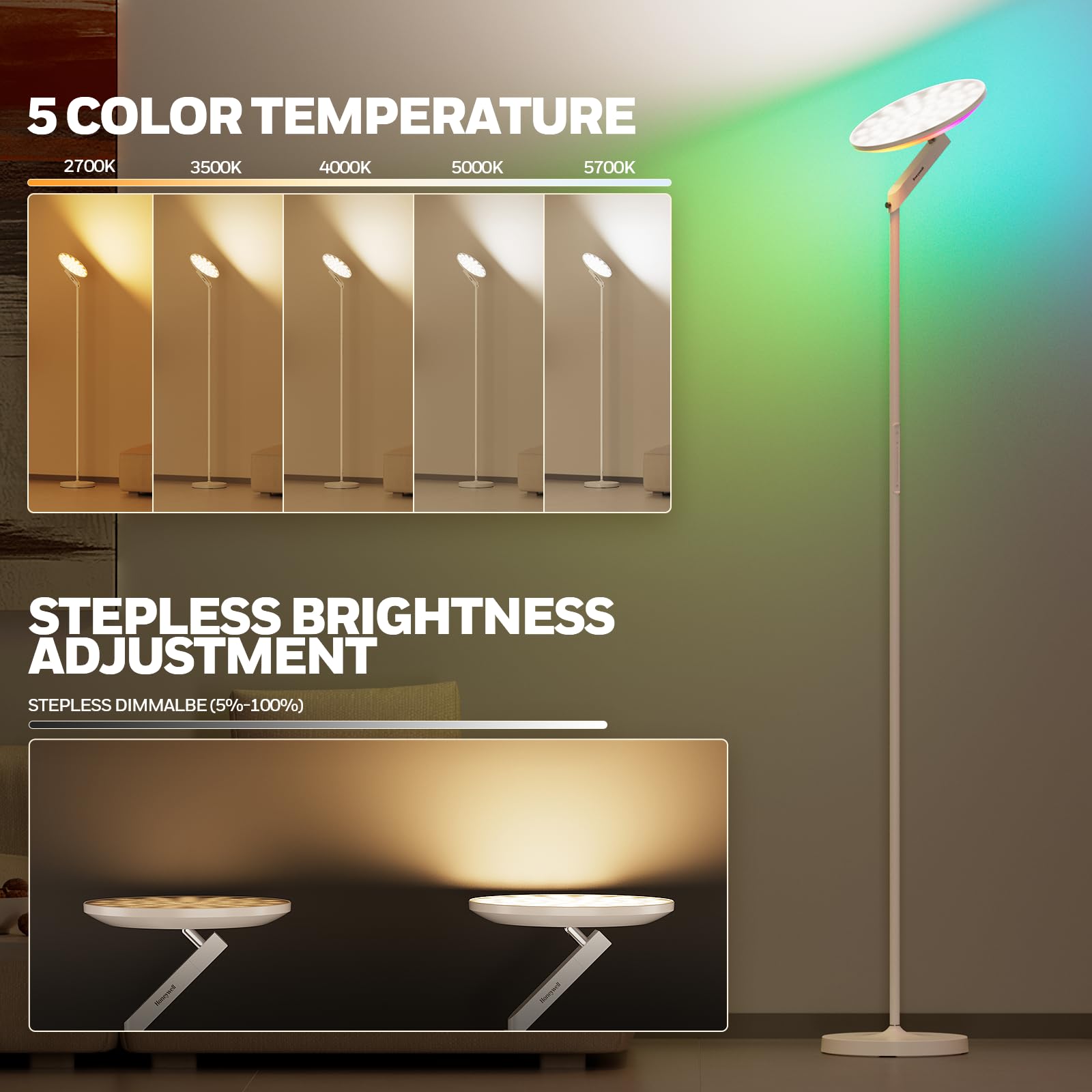 Honeywell 3000LM LED Floor Lamp, Remote Control, 40W Eye-Caring Light, 6 RGB Modes, Model HWL-F2WT, White