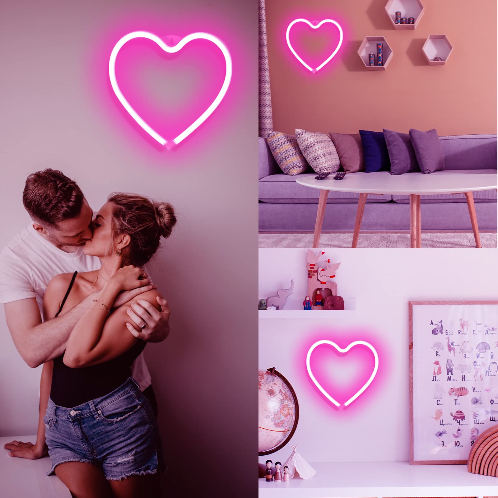 Pink Heart Neon Sign For Bedroom Decoration,Heart Led Light Sign 8.7×8.7 Inch Battery/Usb Powered Romantic Love Heart Neon Light Lamp For Wall Decor Art Kids Girl Room Wedding Party Valentine'S Day