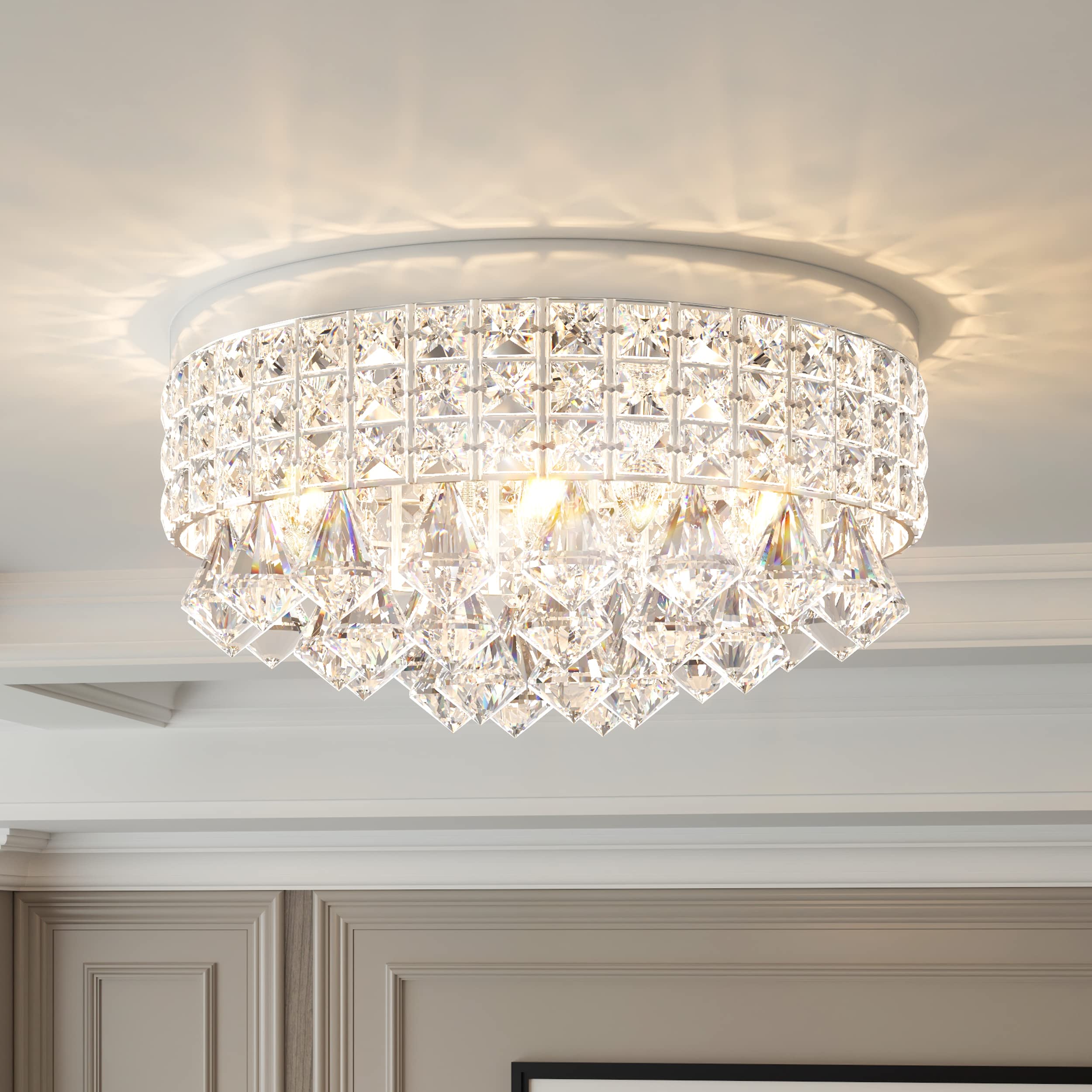 Maxax 4 Lights Crystal Chandelier, Modern Drum Ceiling Light Fixture Lamp, Raindrop Flush Mount Round Metal Shade, for Dining Room, Living Room, Bathroom, Bedroom, Chrome -Like New