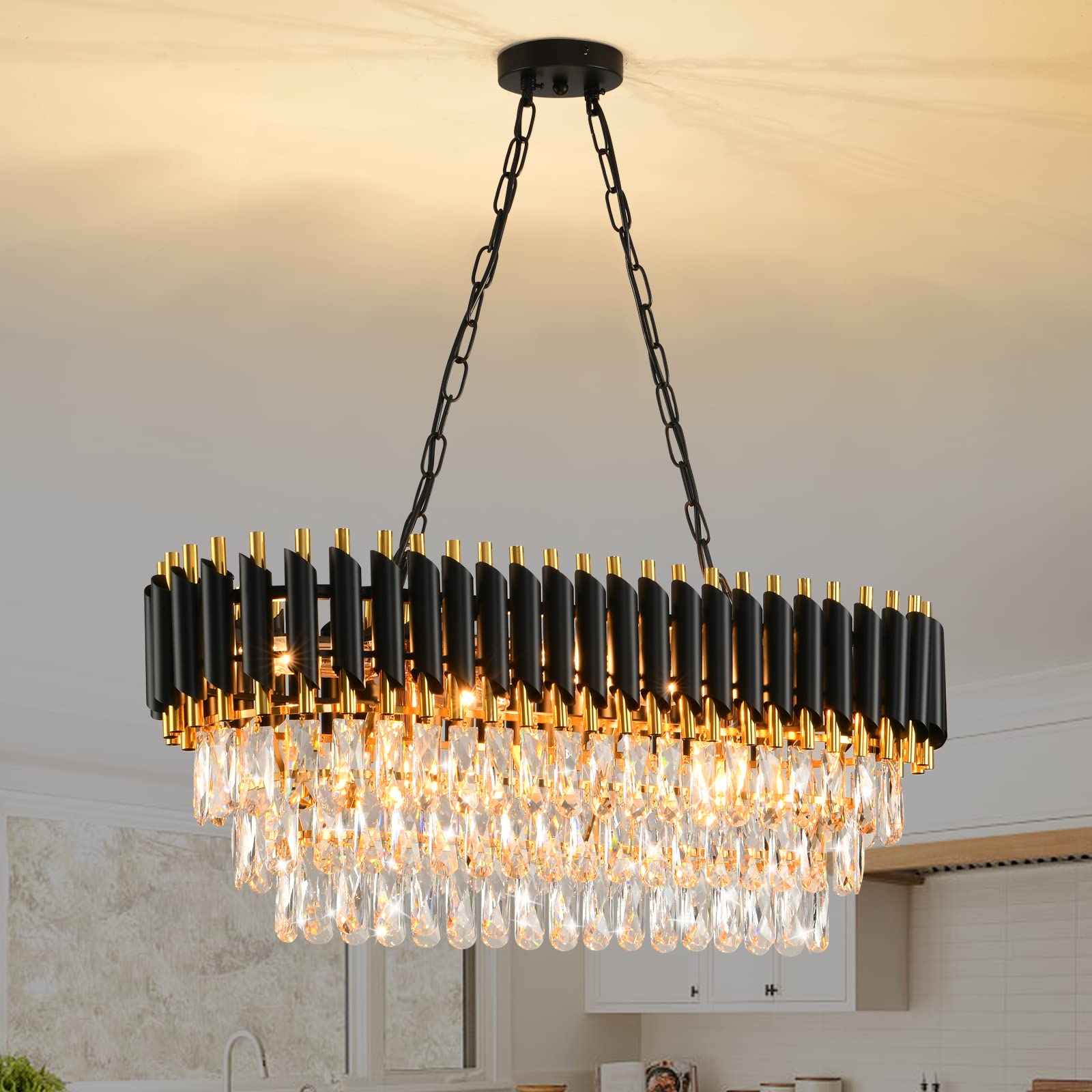 AKDXIRUN Modern Crystal Chandeliers for Dining Room 8-Light Black and Gold Chandelier Living Room Oval Contemporary Ceiling Hang