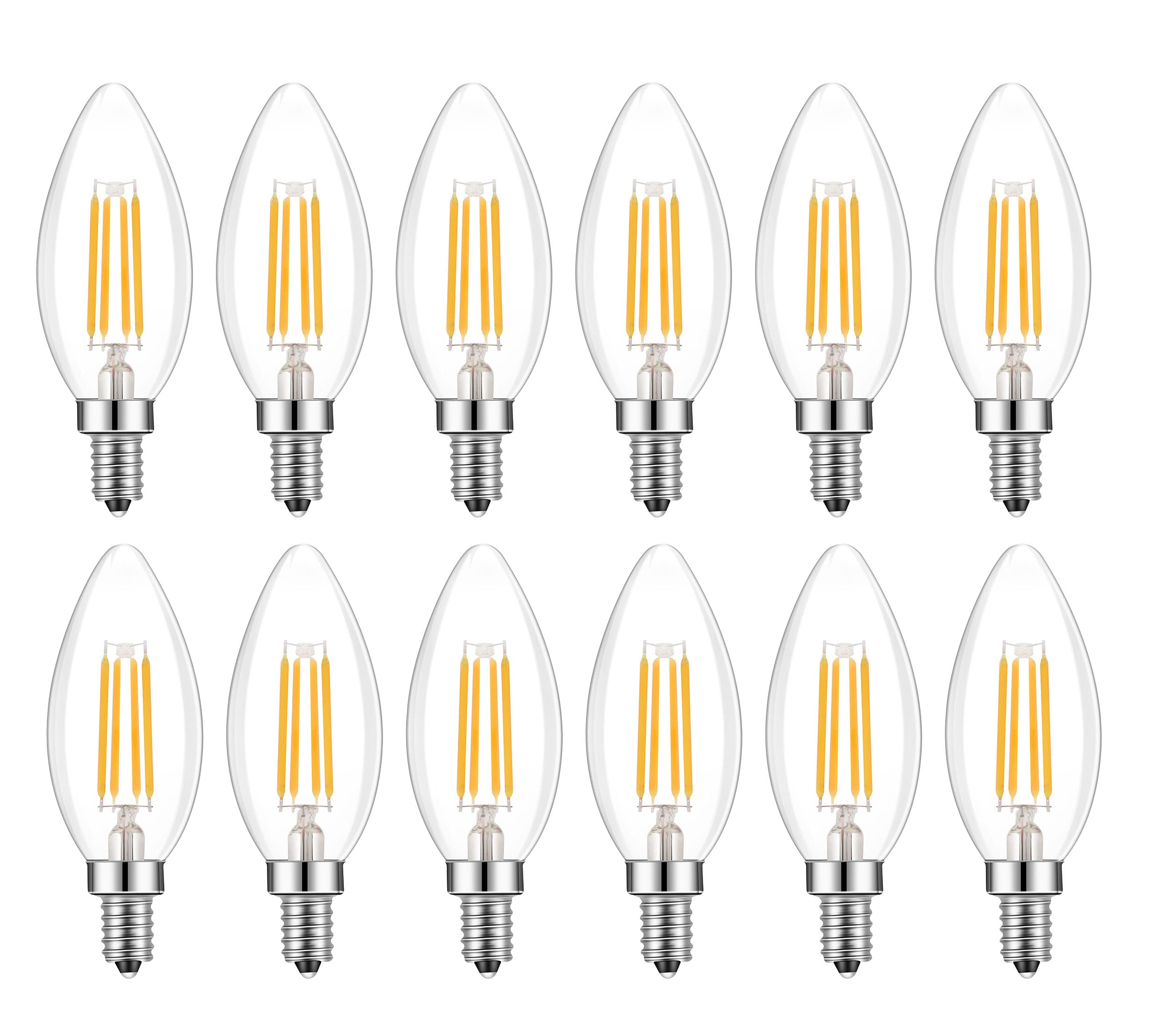 Lamsky E14 LED Bulb Dimmable,110V 400LM 40W Equivalent Warm White 3000K,E14 European Base Candelabra LED Bulbs,C35 Clear Glass Torpedo Shape Bullet Top(12-Pack)