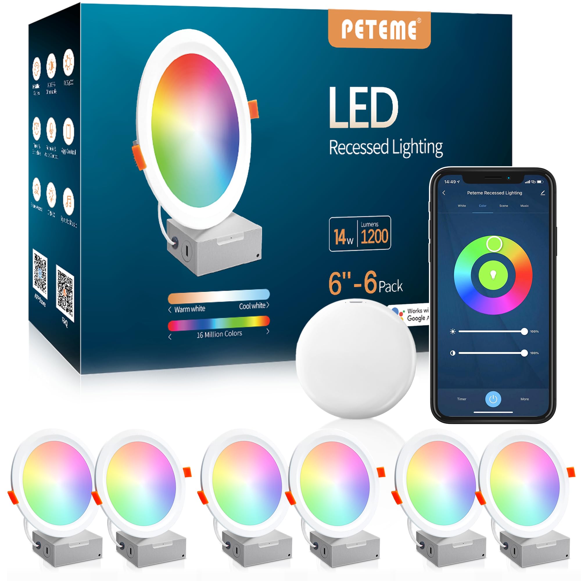 Smart Led Recessed Lighting 6 Inch, Ic Rated & Etl Certified Recessed Ceiling Light, Rgb & Cool & Warm White Dimmable Color Changing Downlight Work With Alexa/Google, Sync To Music, 1200Lumen,6 Pack