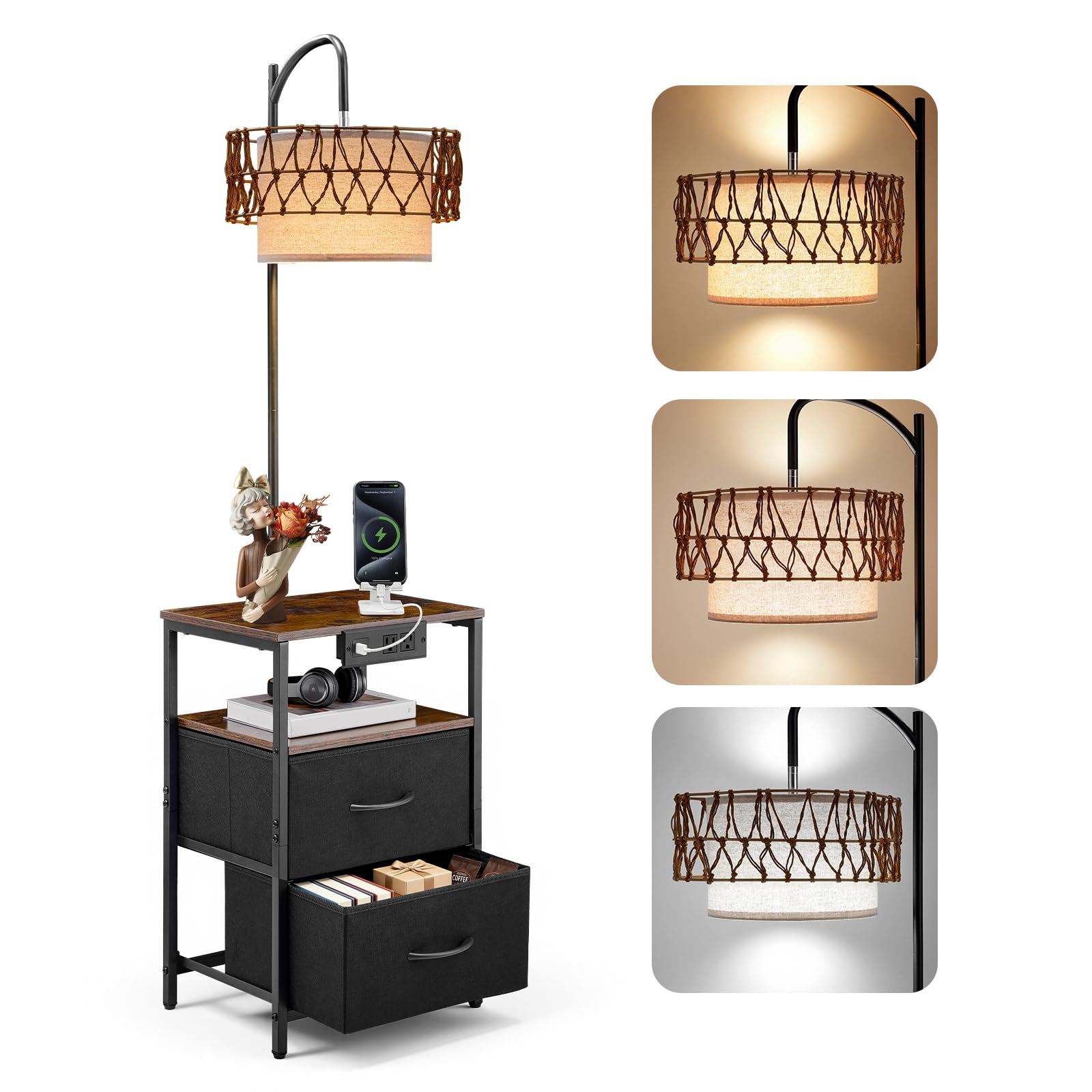 VEVOR Floor Lamp with Table, Handwoven Rattan Shade, 2-Tier End Table with 2 Drawers, 3 Color Temp LED Bulb, Modern Nightstand S