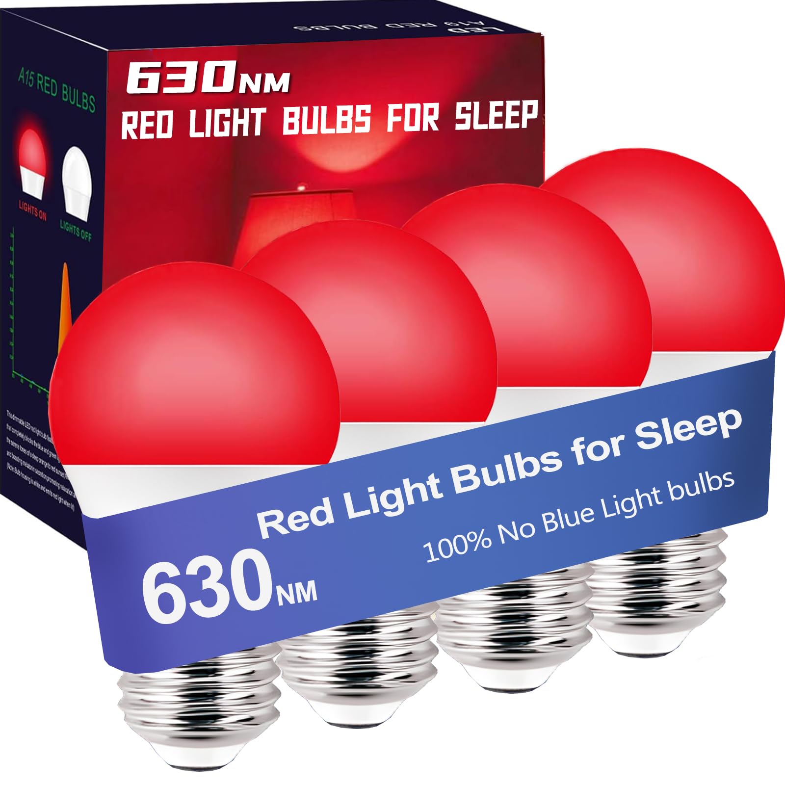 ZEQIDOU 630nm Red Light Bulbs for Sleep Dimmable  100% Blue Light Blocking  Sleep Light for Melatonin Promoting  A15 E26 5W(40W Equivalent) Dim Light Bulbs for Bedroom  Baby Nursery 4-Pack