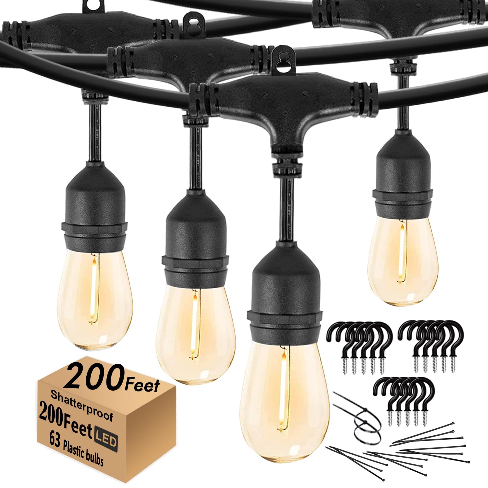 Skeerei 200Ft String Lights For Outside Led Patio Lights Outdoor Waterproof With 63 Shatteproof Edison Lights Outdoor String Lights 2200K Outdoor Lights For Patio Gazebo Pergola Café