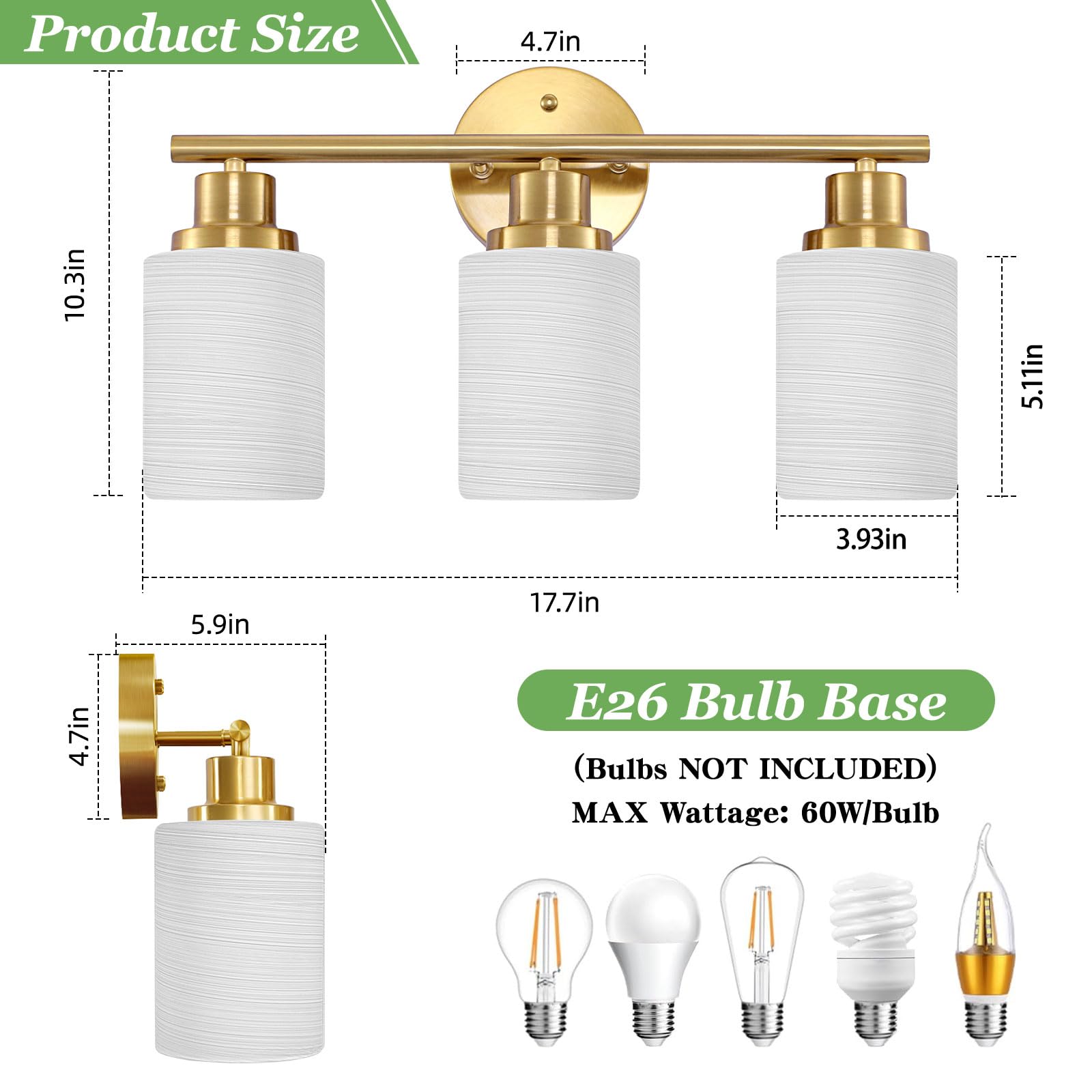 Guliaofo 3-Light Vanity Light Fixture, Brushed Gold with Milky White Frosted Glass Shade, Model Gu-111-LWNBJ-3