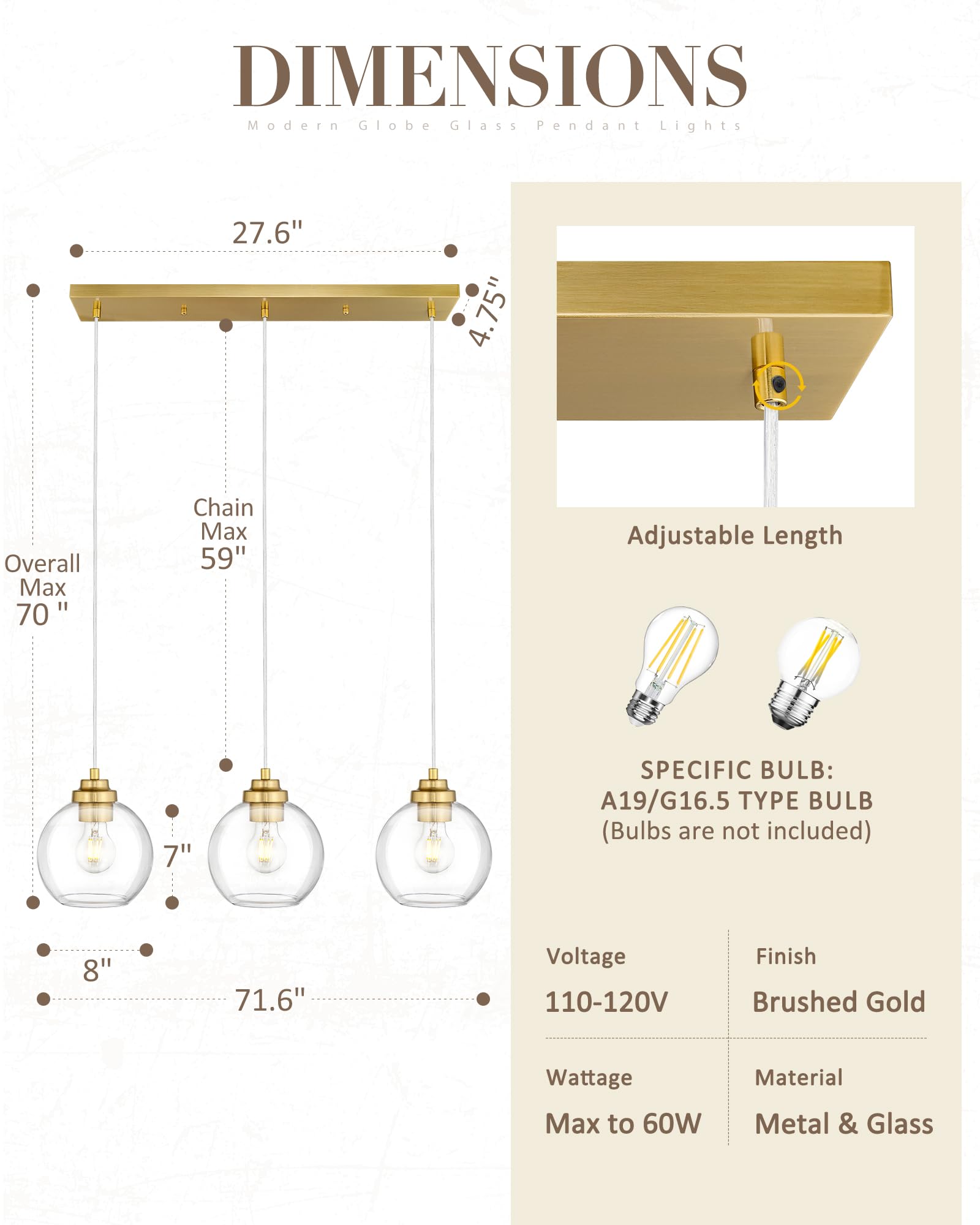 Jazava 3-Light Gold Linear Chandelier, Globe Kitchen Island Lighting, Modern Pendant Light With Clear Glass For Dining Room Livi