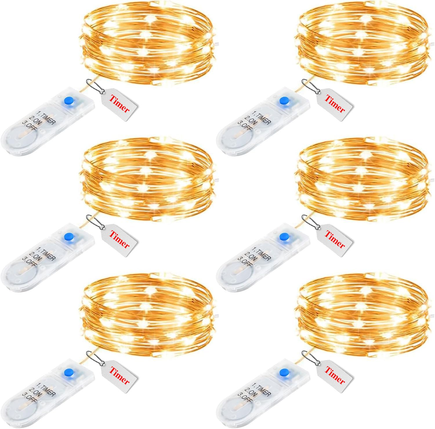 Minetom Fairy Lights String Lights 20 LED Warm White 7ft Copper Wire 6 Pack Battery Operated with Timer Waterproof