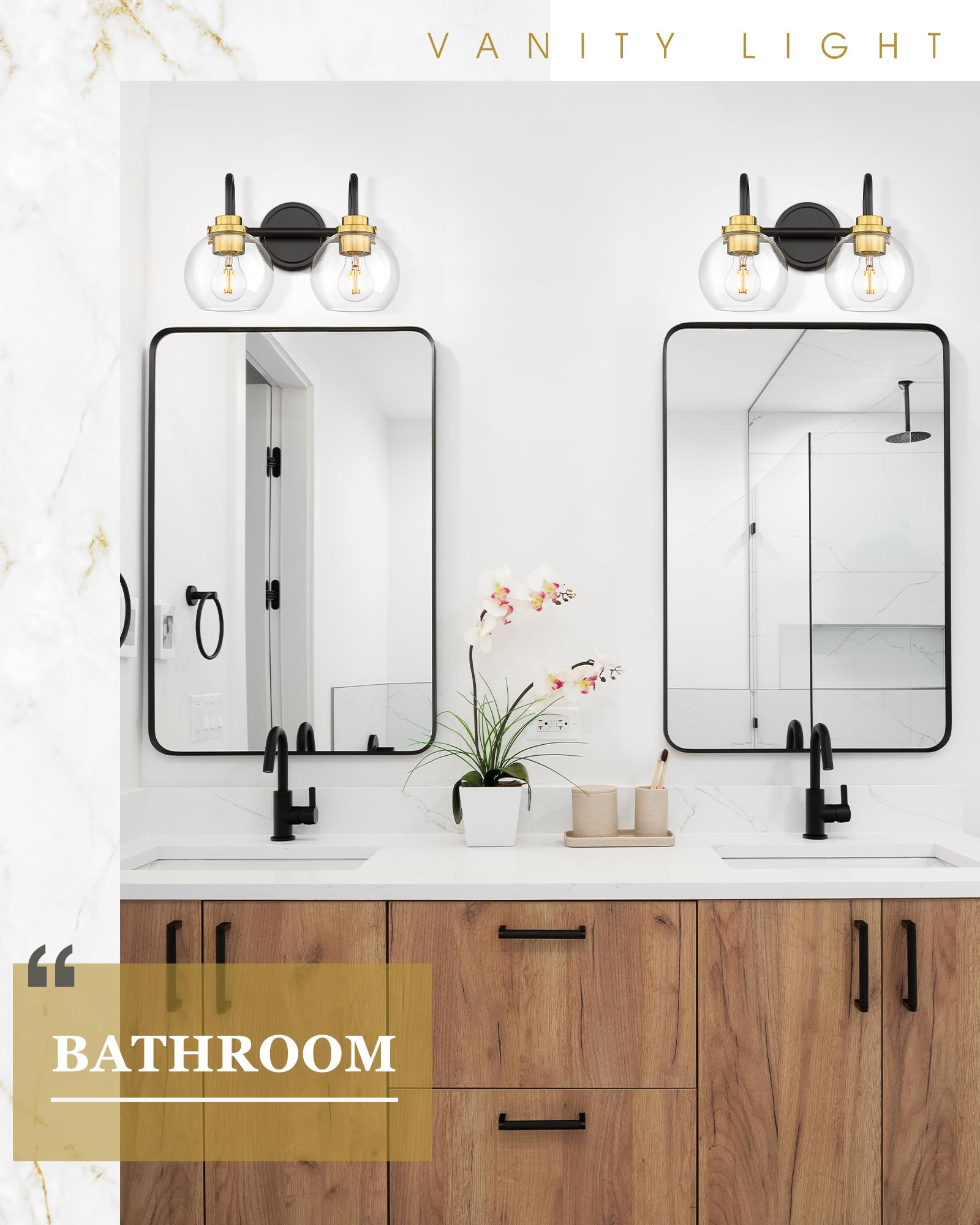 Audickic Bathroom Light Fixtures  2-Light Black And Gold Vanity Lights With Globe Clear Glass  Modern Vanity Lighting Fixtures Over Mirror  Ad-22280-2W-Kg