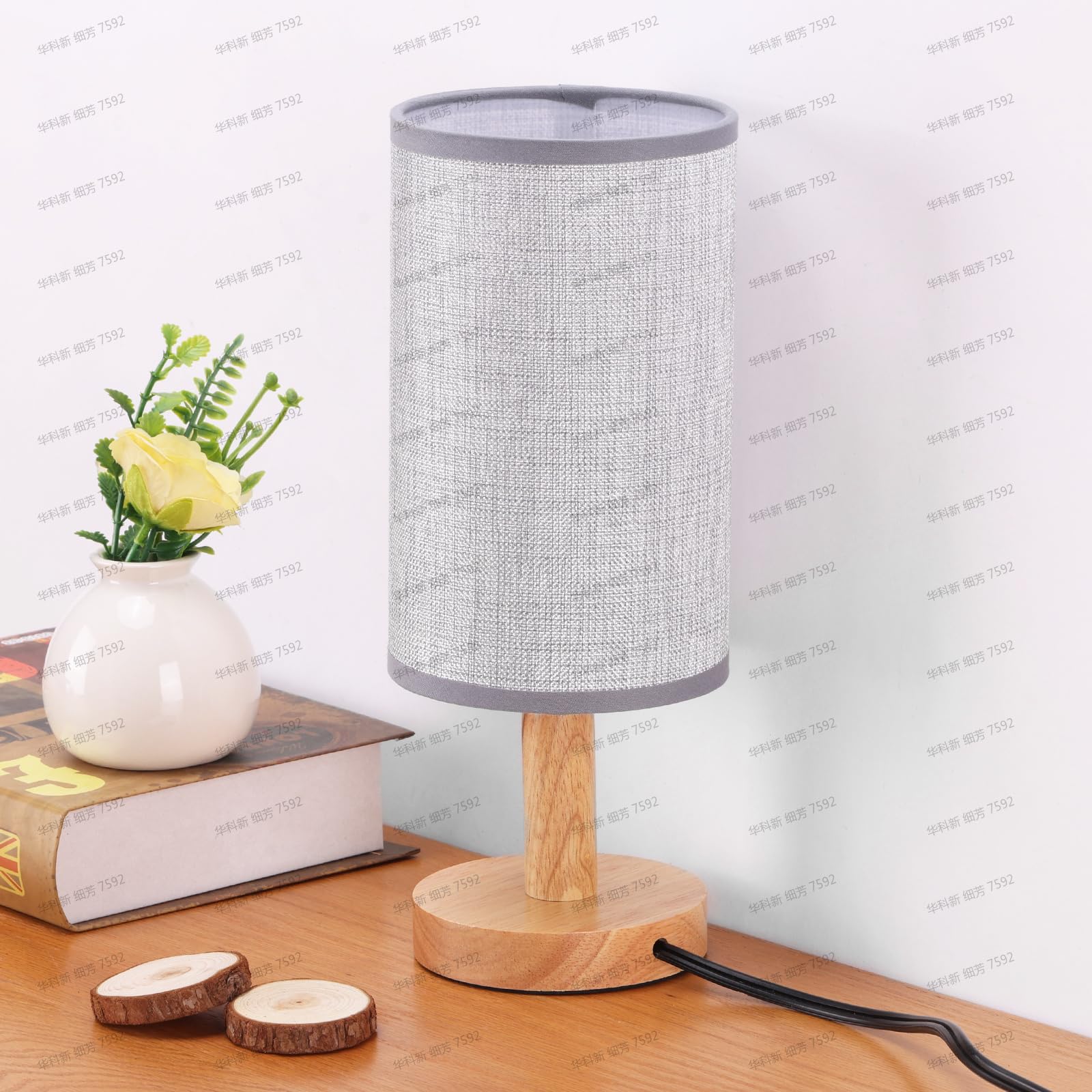 Gray Small Bedside Table Lamp for Bedroom,Natural Round Wood Base&Fabric Linen Shade,Cozy Night Table Light for Study Reading,Mi