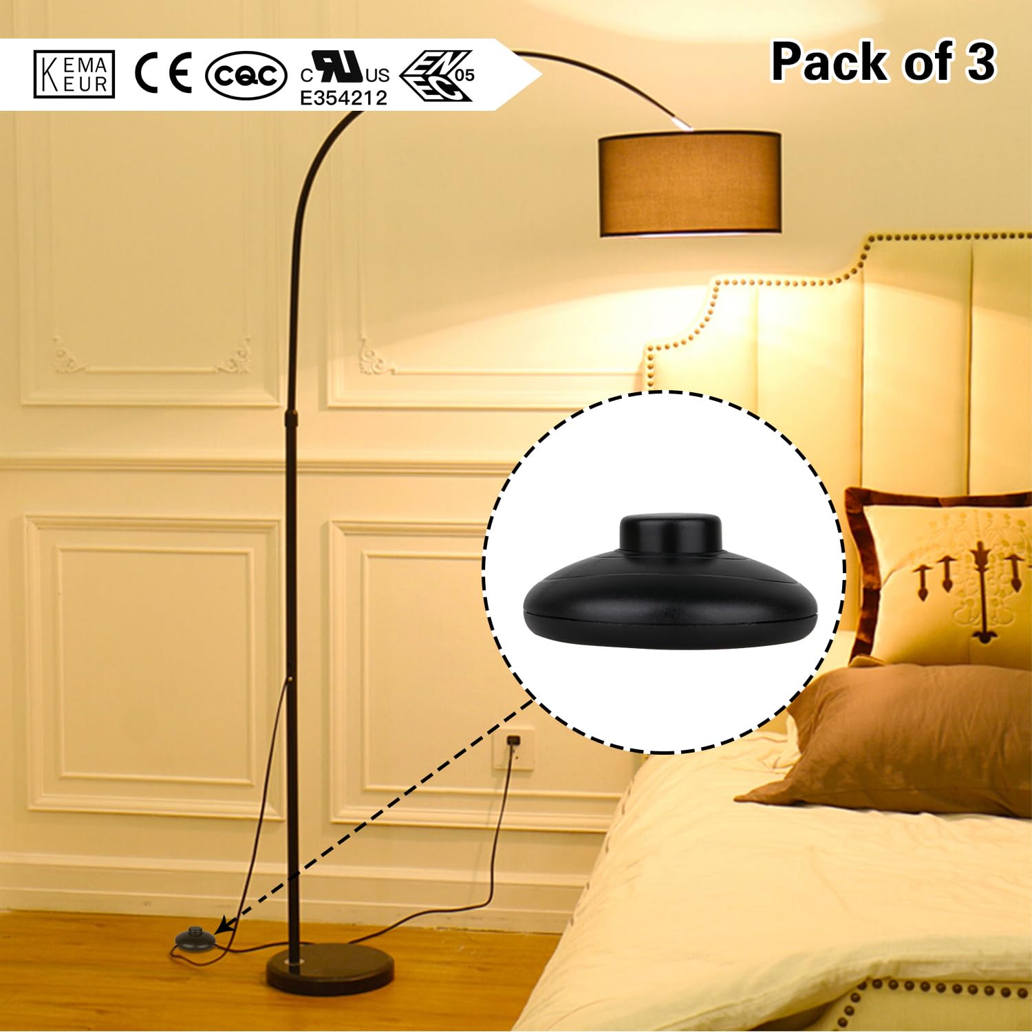Helunsi 3Pcs Floor Lamp Foot Switch, Black Foot Pedal Switch, Round Floor Lamps Foot Inline Switch, Step On Off Spring Push Butt