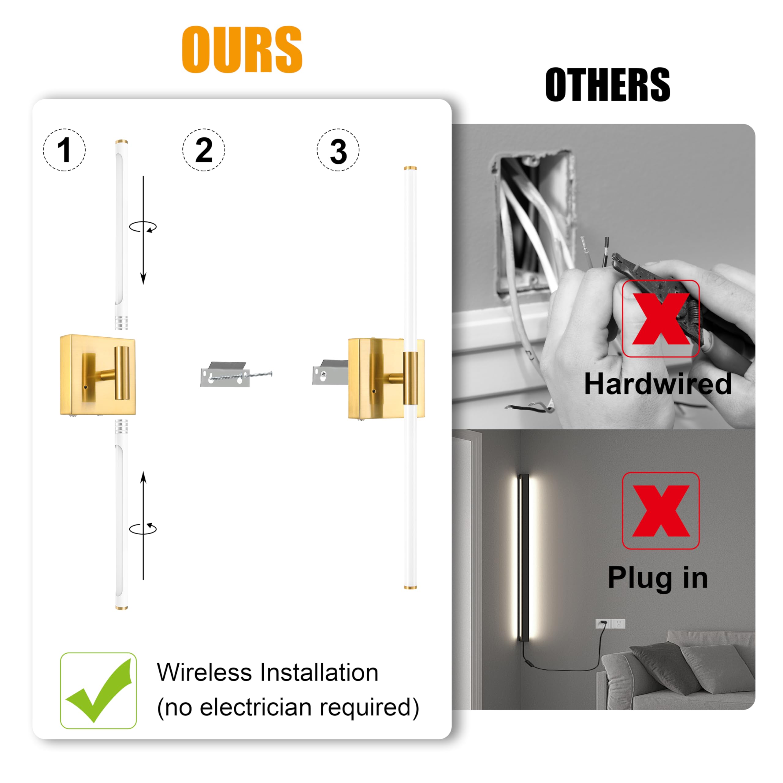 Morauroral Wall Sconces Set of 2, 30 Inch Dimmable Battery Operated, LED Rechargeable, White Gold, Model 7812