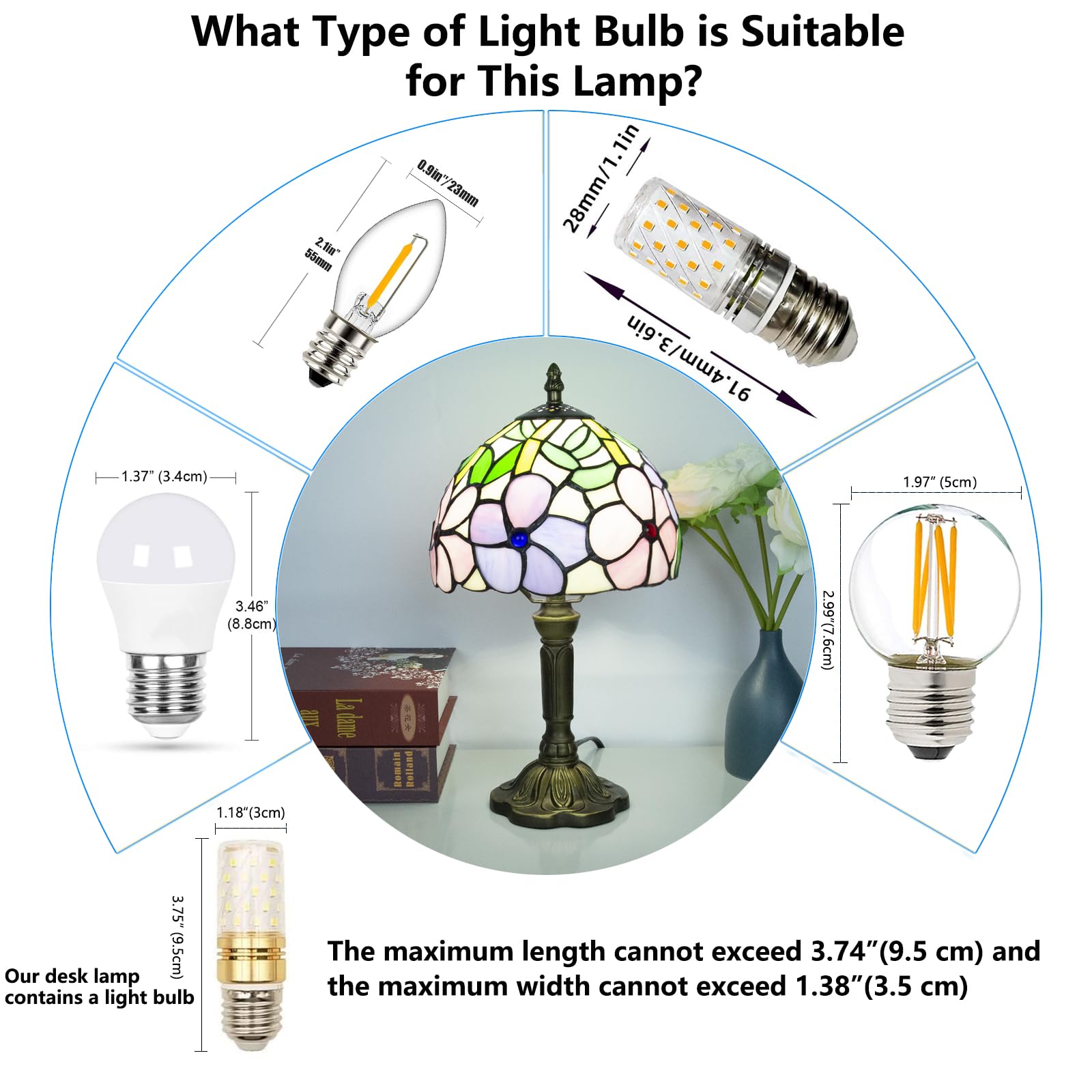 Crefotu Tiffany Style Table Lamp, 8 Inch Stained Glass, 3 Color Temperatures, 4 Flower Pattern, Model CFLP-0001