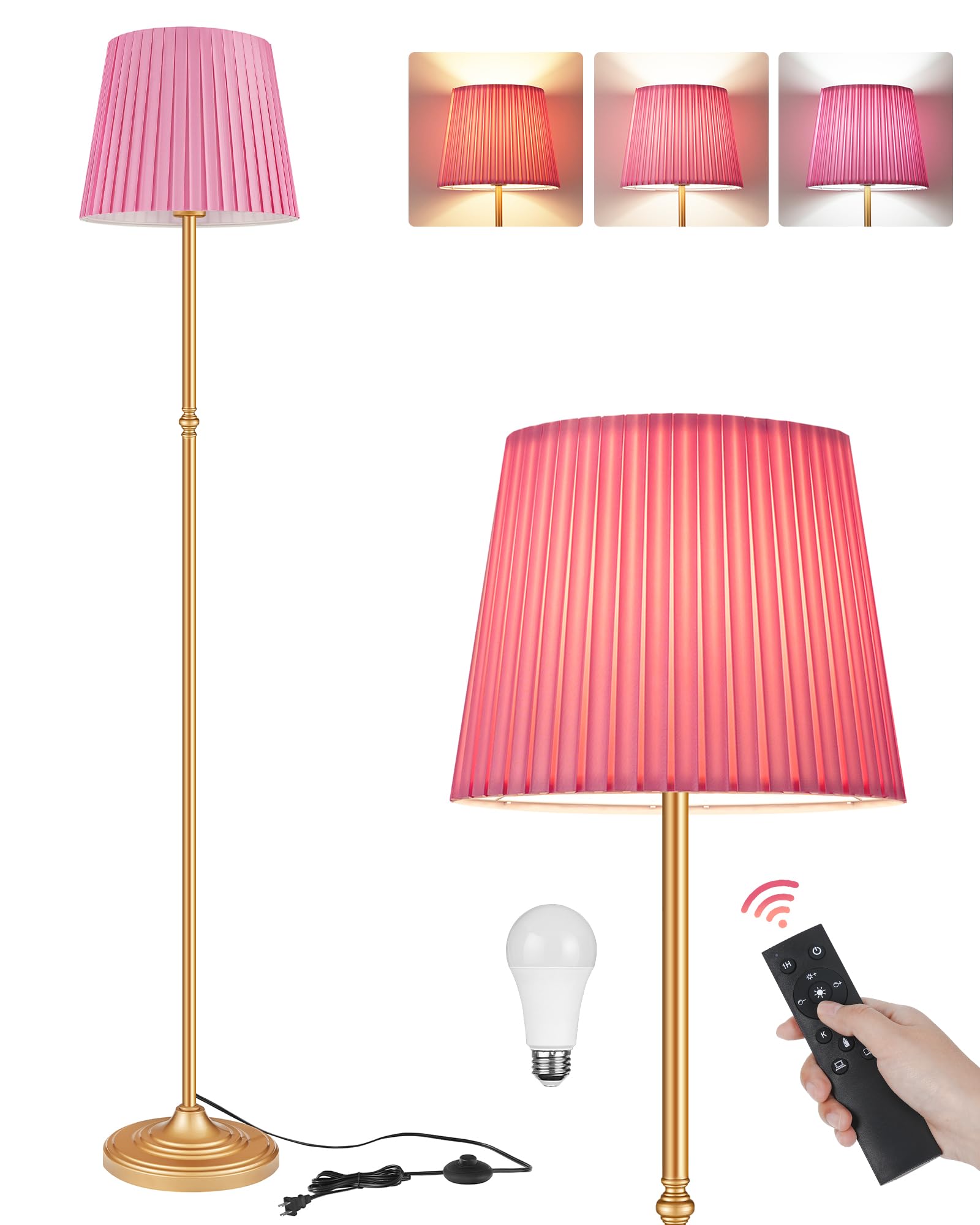 GOEBLESON Pink Floor Lamp for Living Room, 68 Standing Lamp, Dimmable Reading Light with Remote & Foot Pedal, with LED Bulb, for